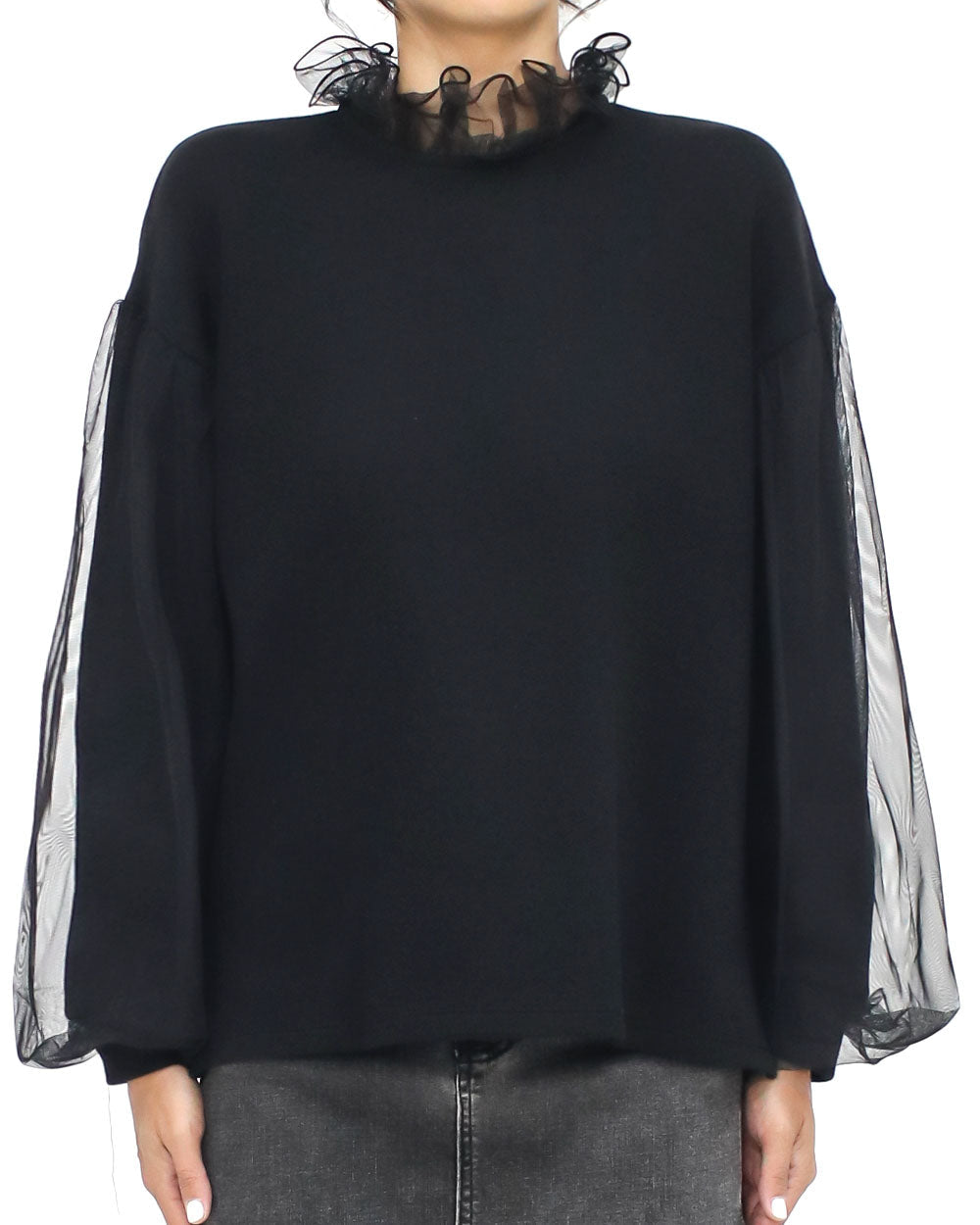 black mesh layer sleeves & neckline sweatshirt top *pre-order*