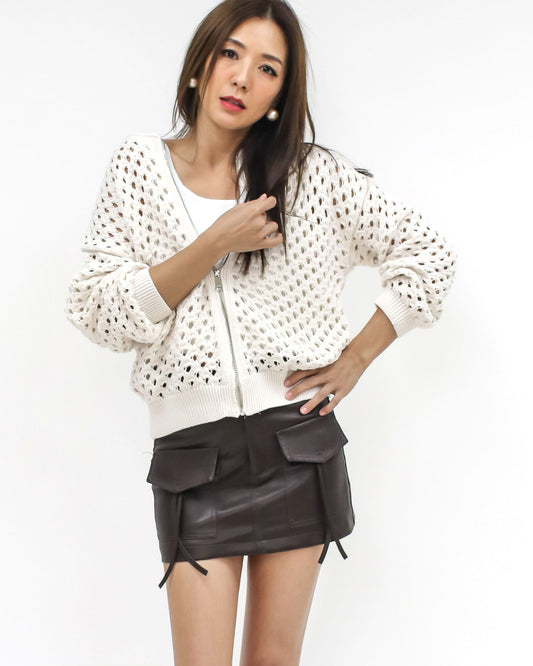 beige cage net knitted cardigan