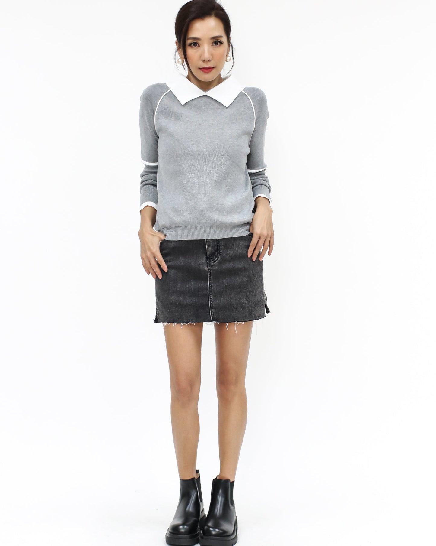 grey & ivory collar knitted top *pre-order*
