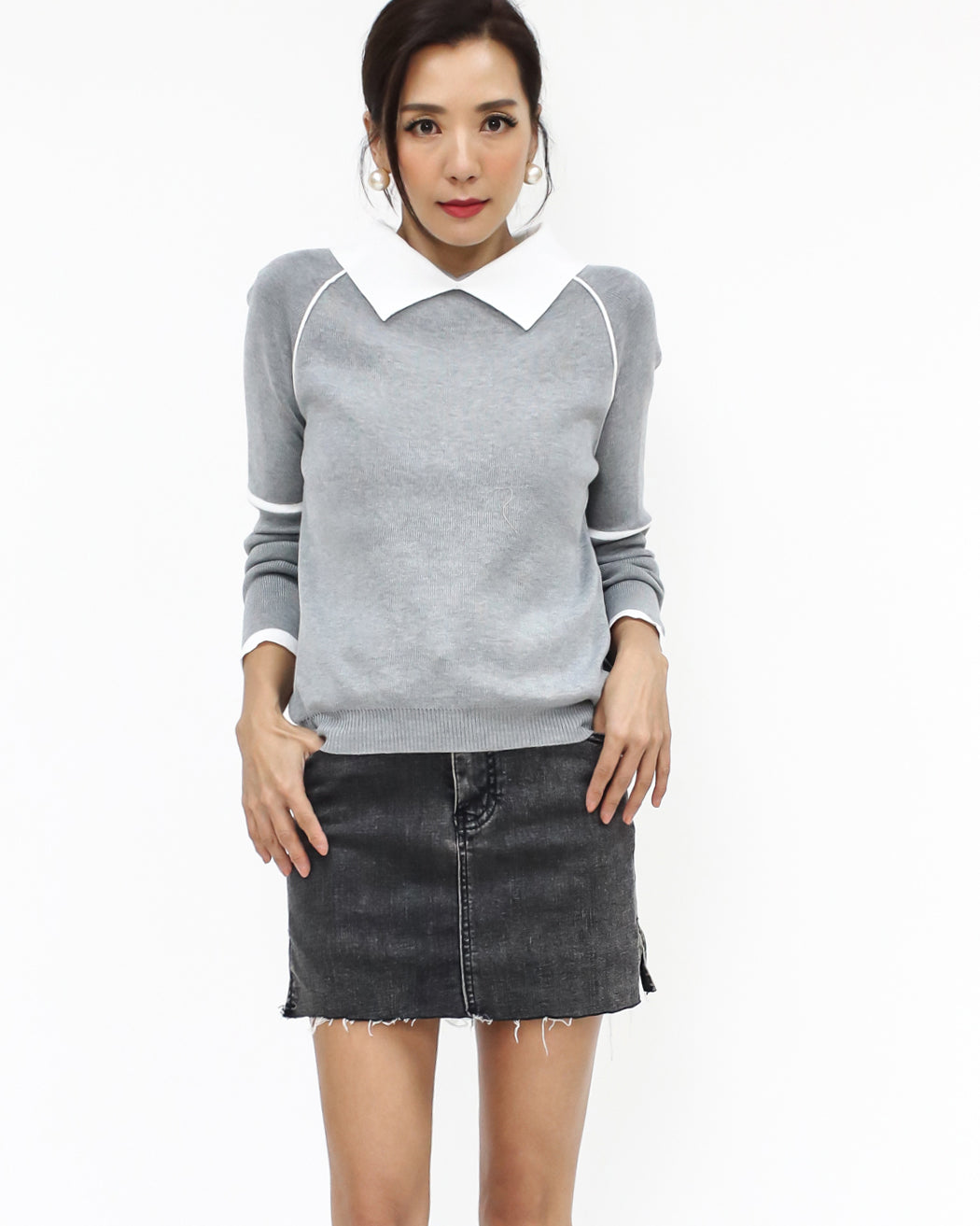 grey & ivory collar knitted top *pre-order*