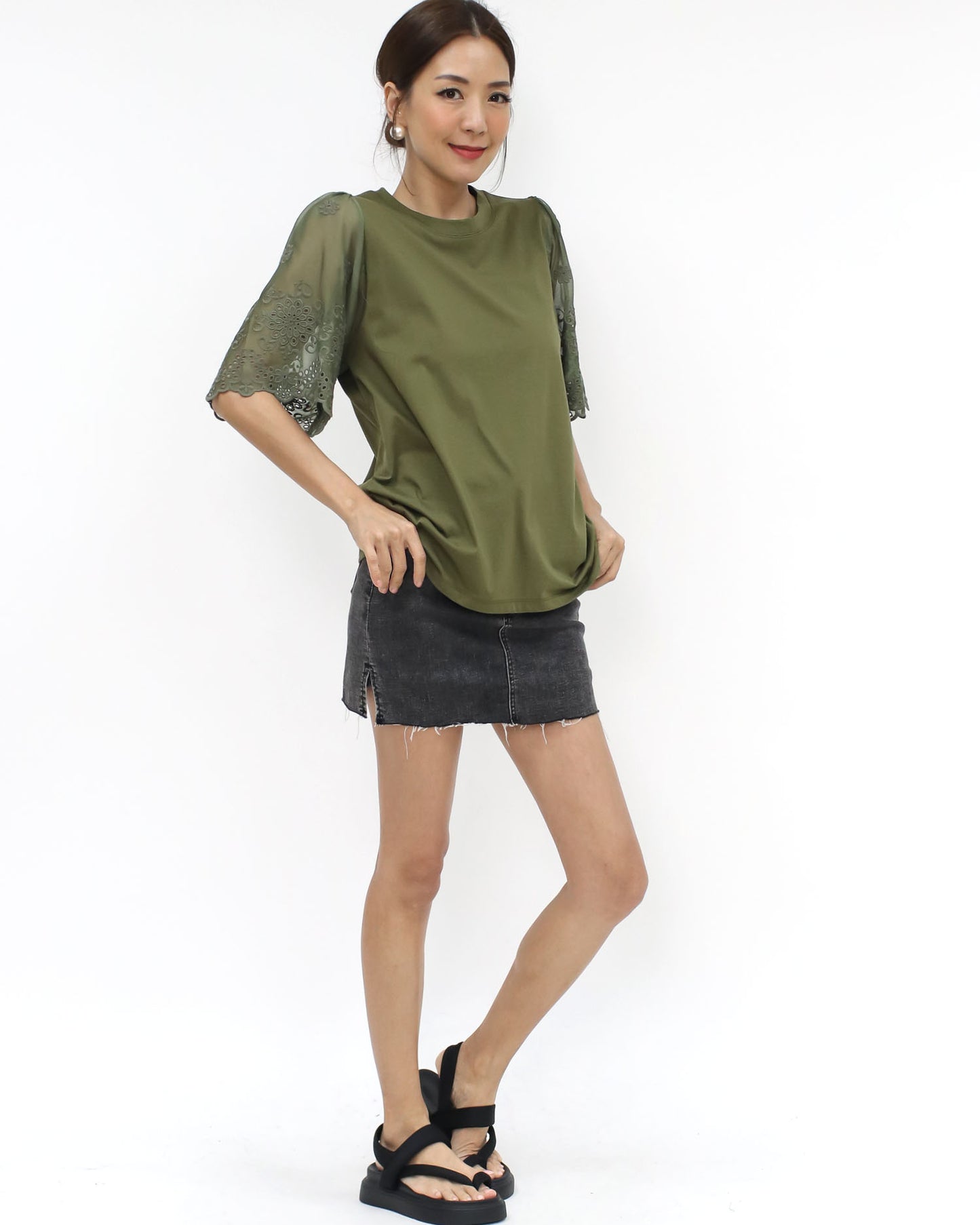 green w/ lace mesh sleeves tee