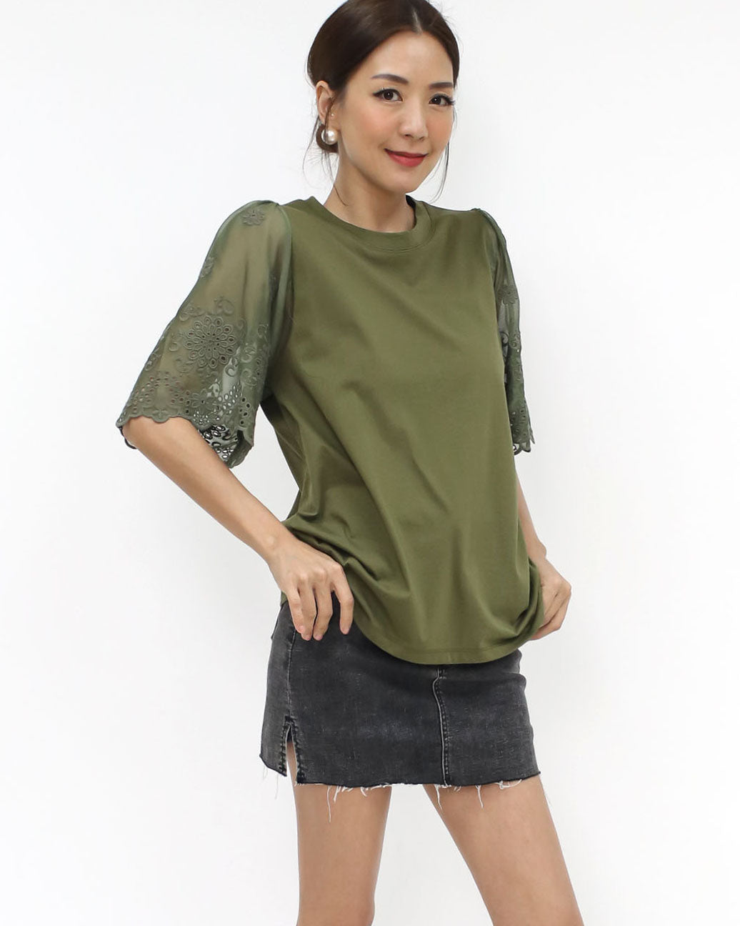 green w/ lace mesh sleeves tee