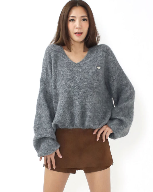 grey puff sleeves knitted top *pre-order*