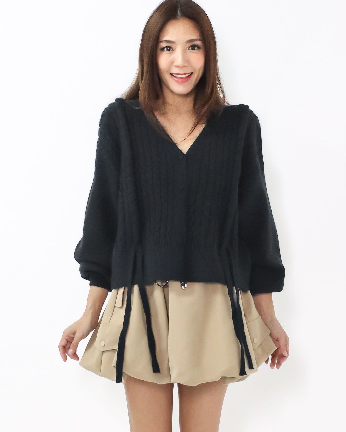 black twisted straps puff sleeves knitted cardigan *pre-order*