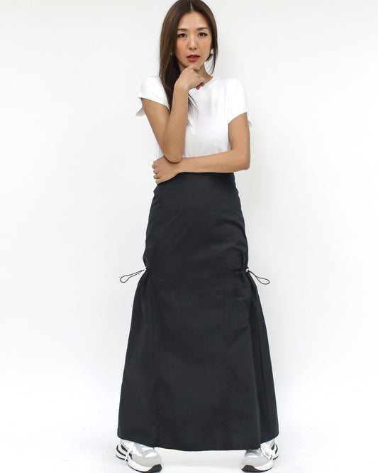 black stretch pockets twill cotton longline skirt