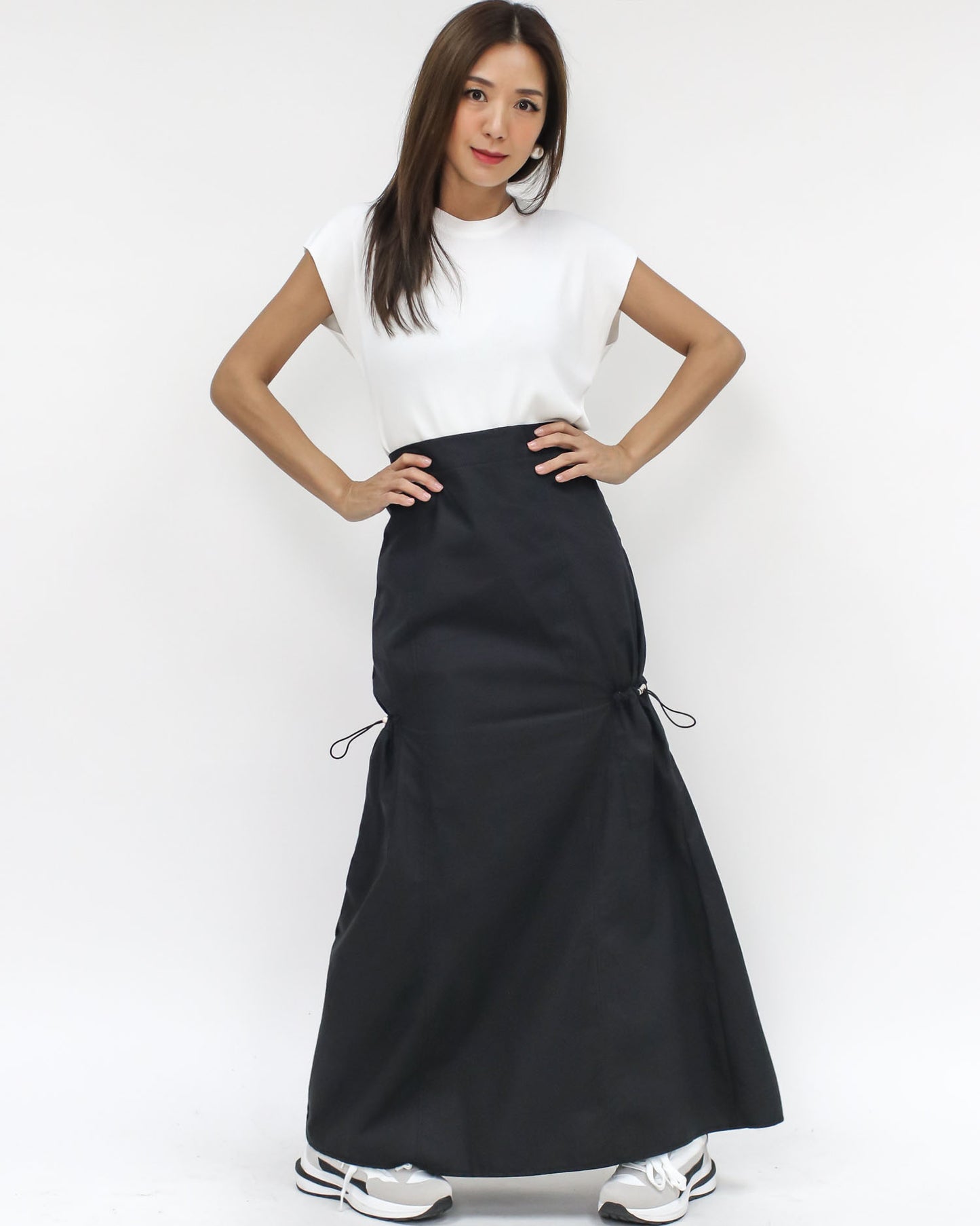 black stretch pockets twill cotton longline skirt