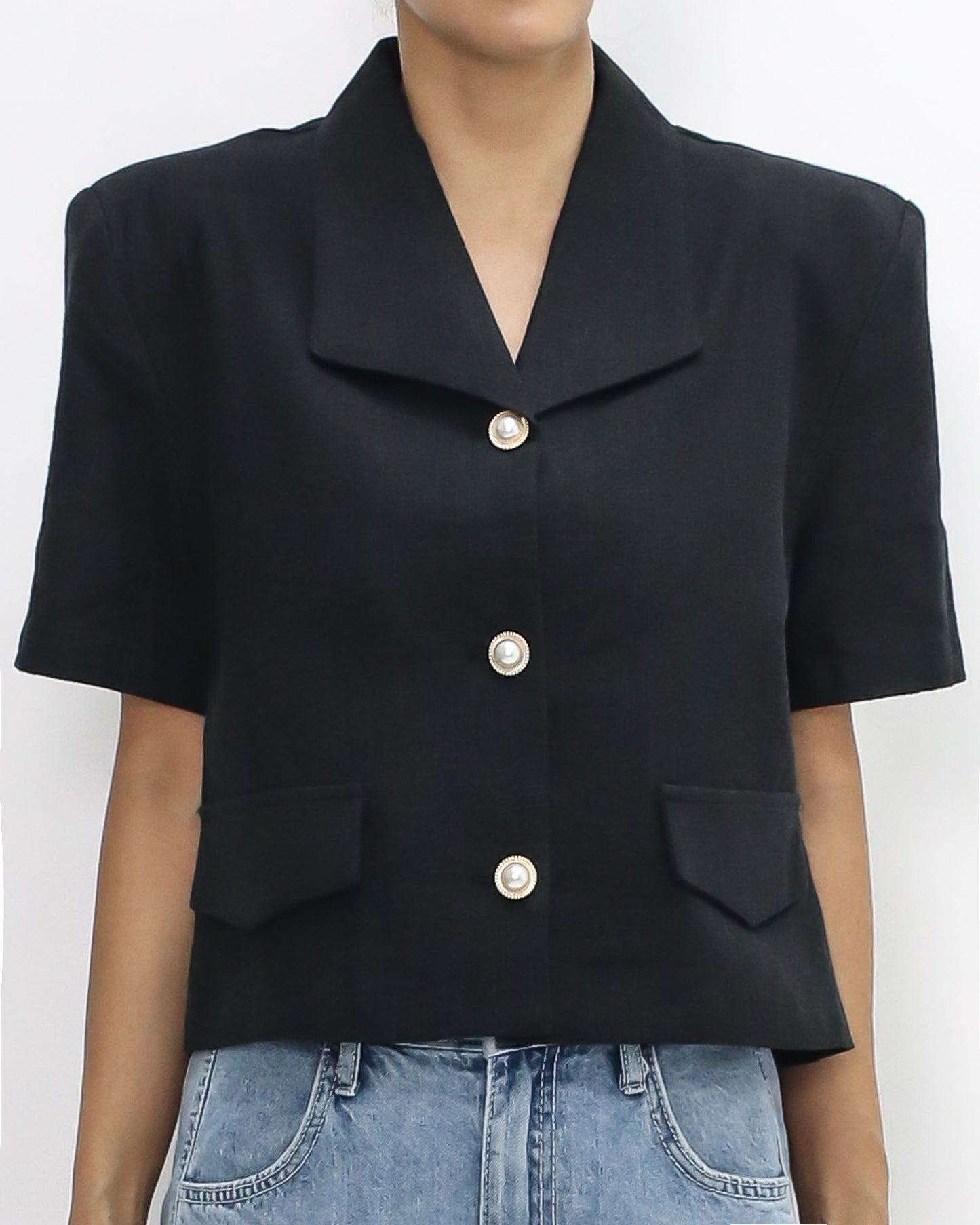 black linen shoulder pads jacket