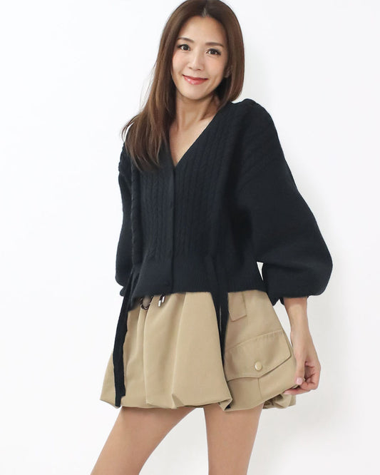 black twisted straps puff sleeves knitted cardigan *pre-order*