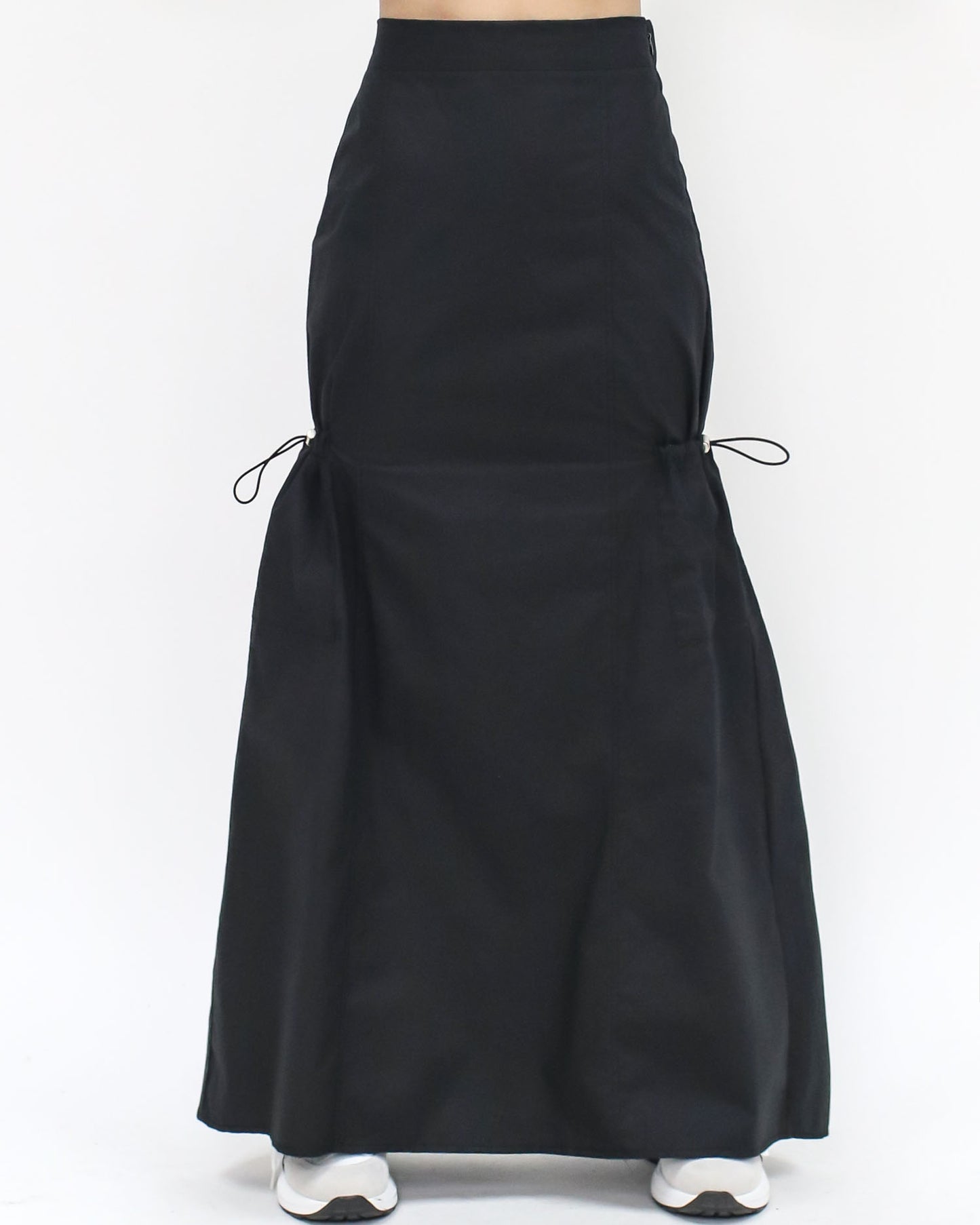 black stretch pockets twill cotton longline skirt