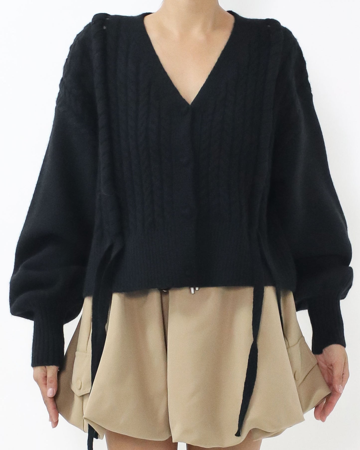 black twisted straps puff sleeves knitted cardigan *pre-order*