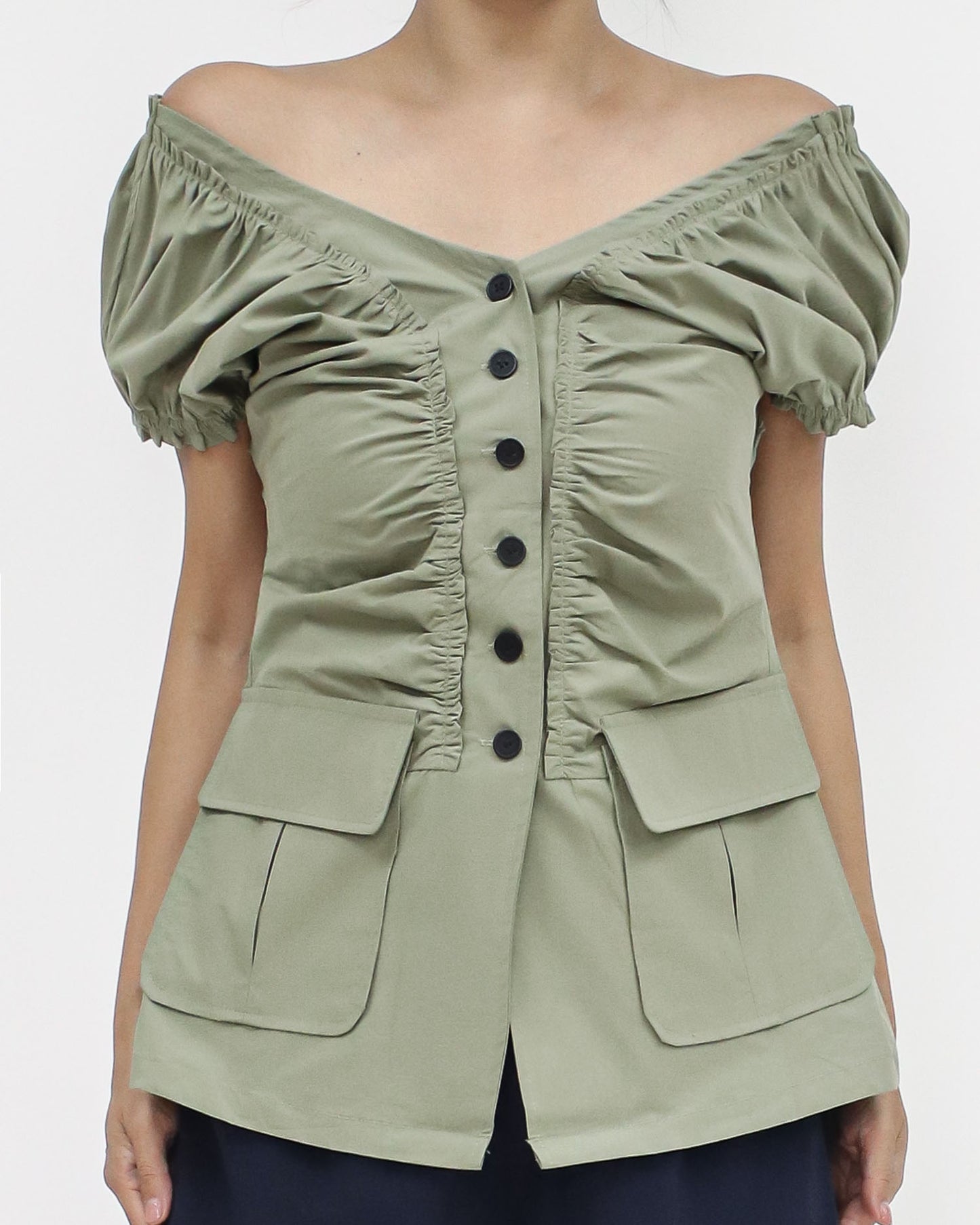 green off shoulders ruched shirt top