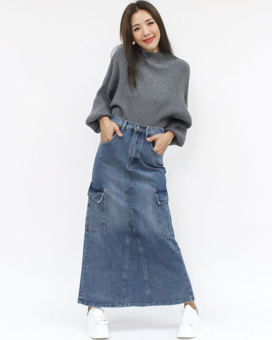 wash blue denim pockets longline skirt *pre-order*