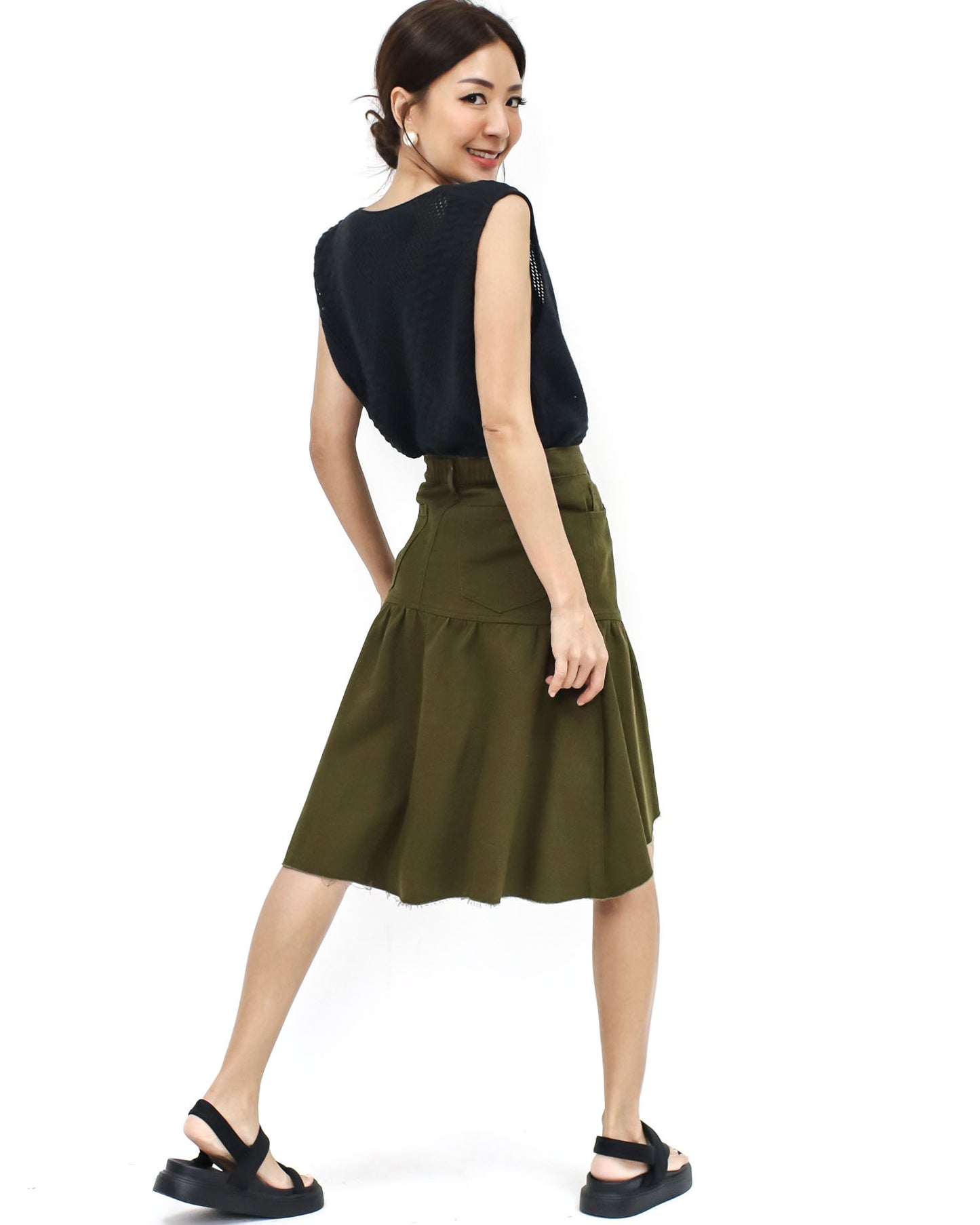 green denim asymmetric hem skirt -S