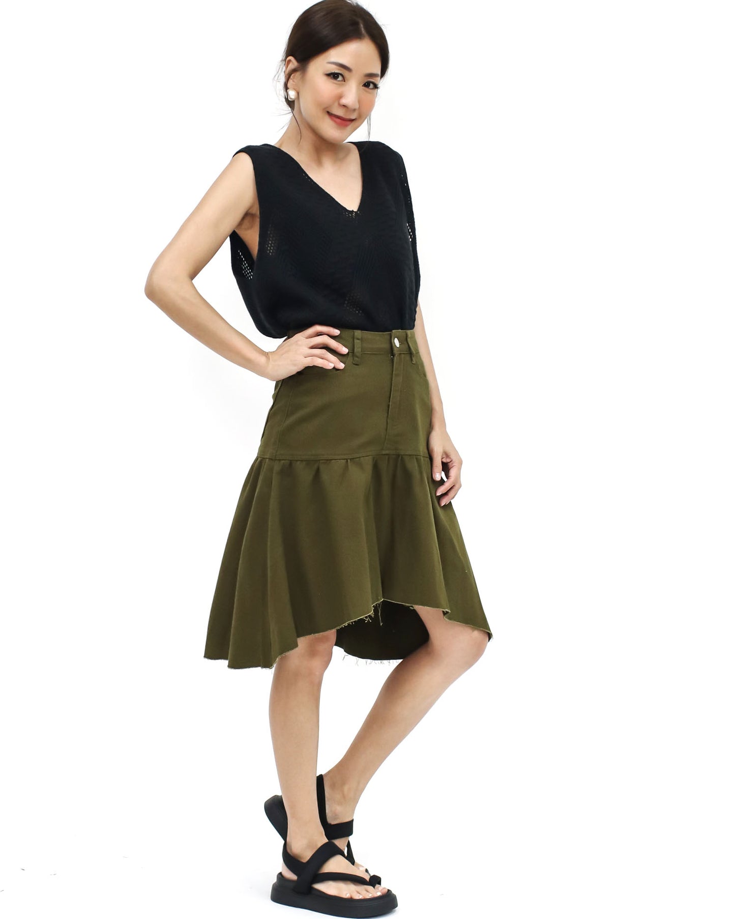 green denim asymmetric hem skirt -S