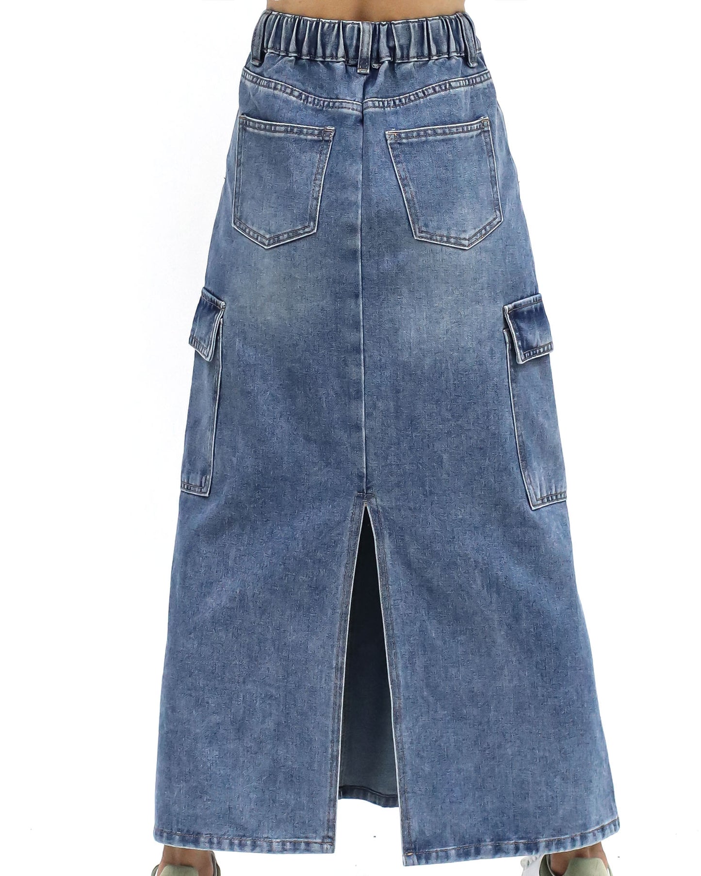 wash blue denim pockets longline skirt *pre-order*