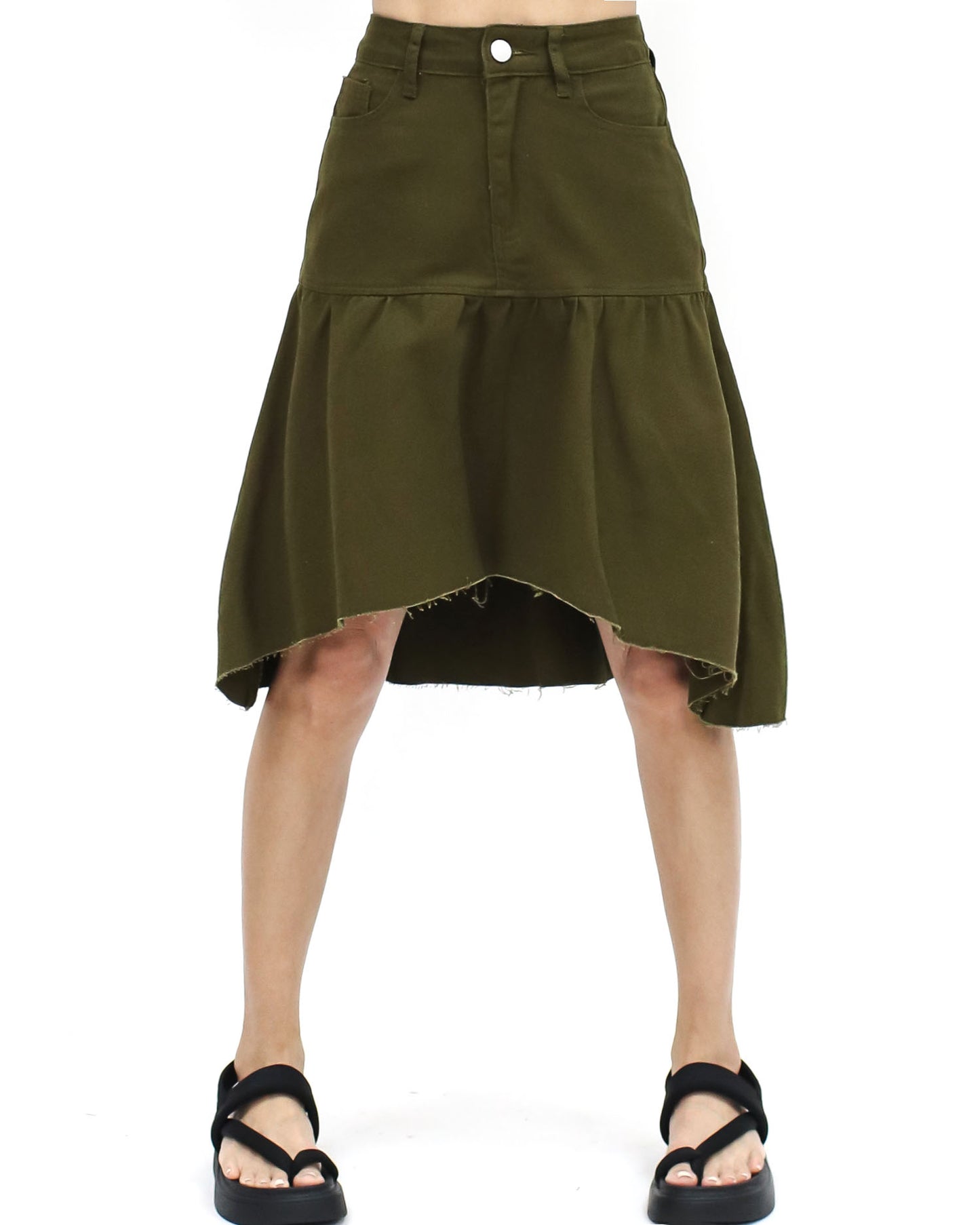 green denim asymmetric hem skirt