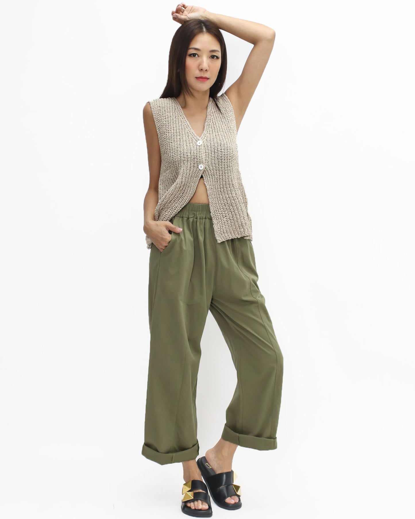 green casual straight leg pants