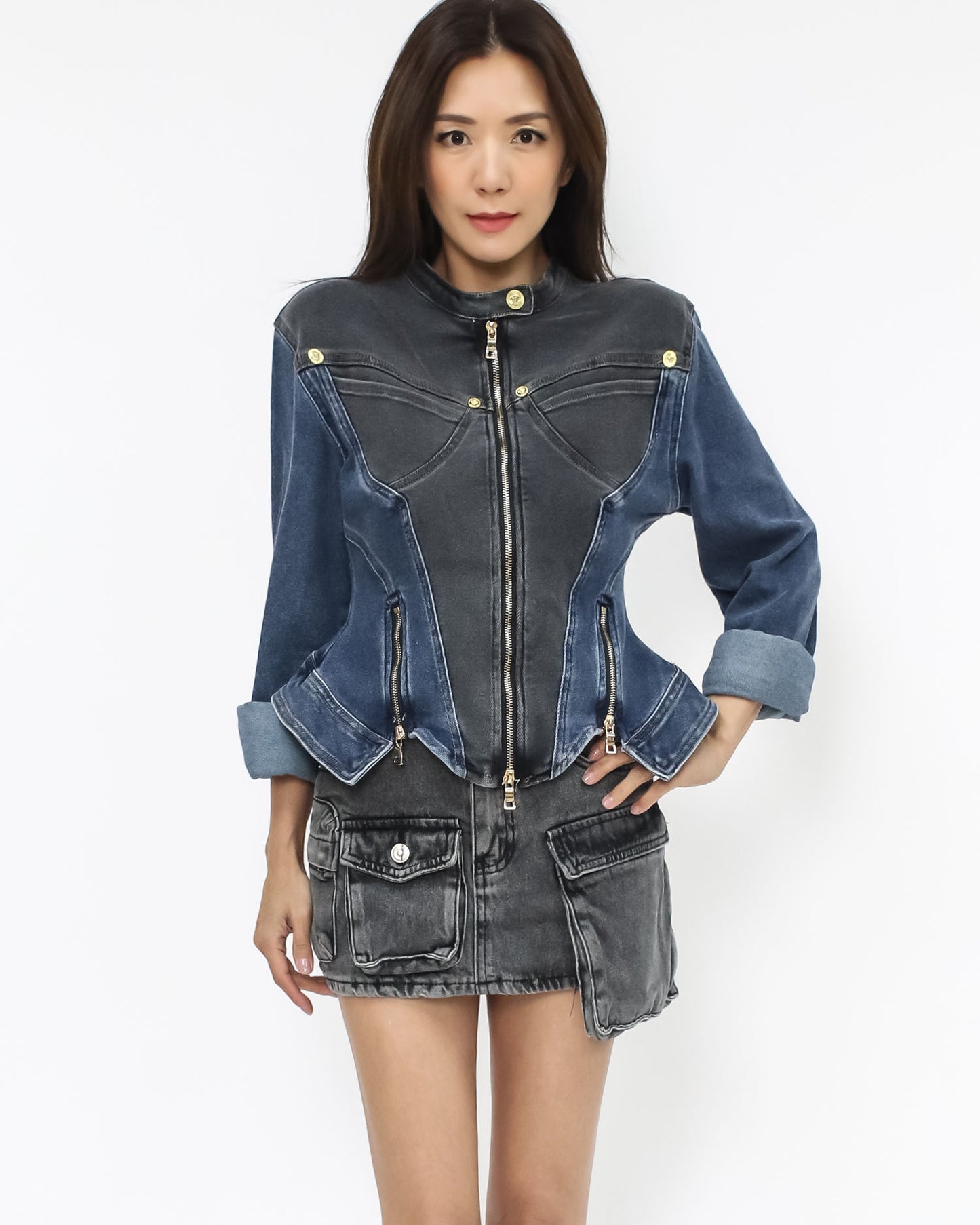 washed black & blue flare denim jacket