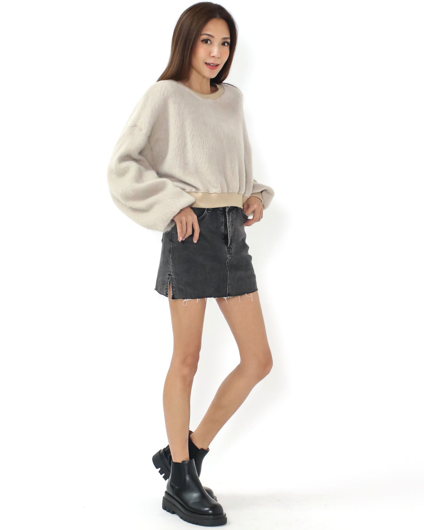 beige fluffy knitted sweatshirt