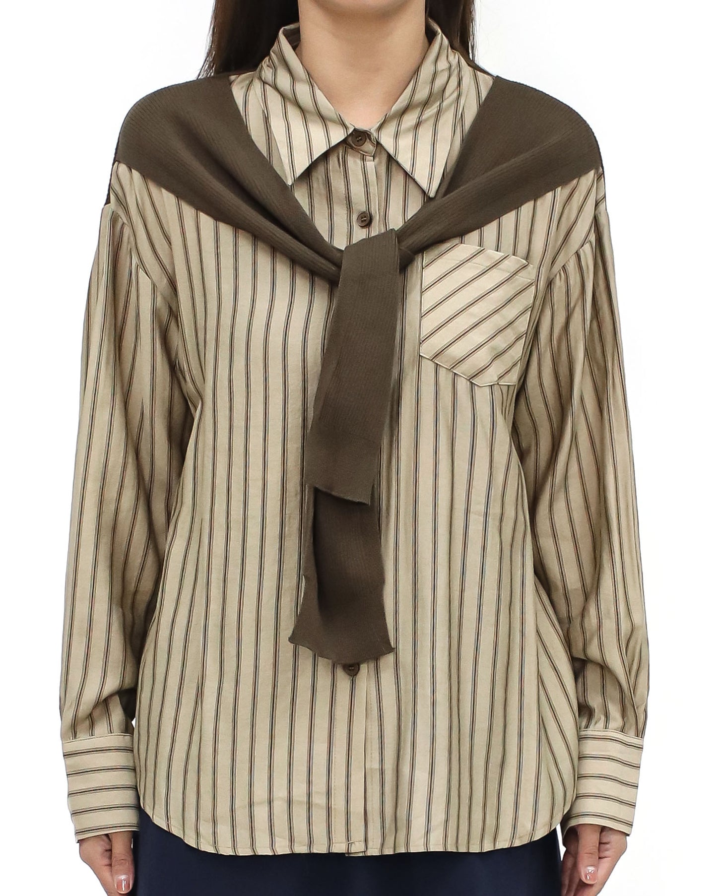 beige & brown stripes w/ knitted sleeves shirt top