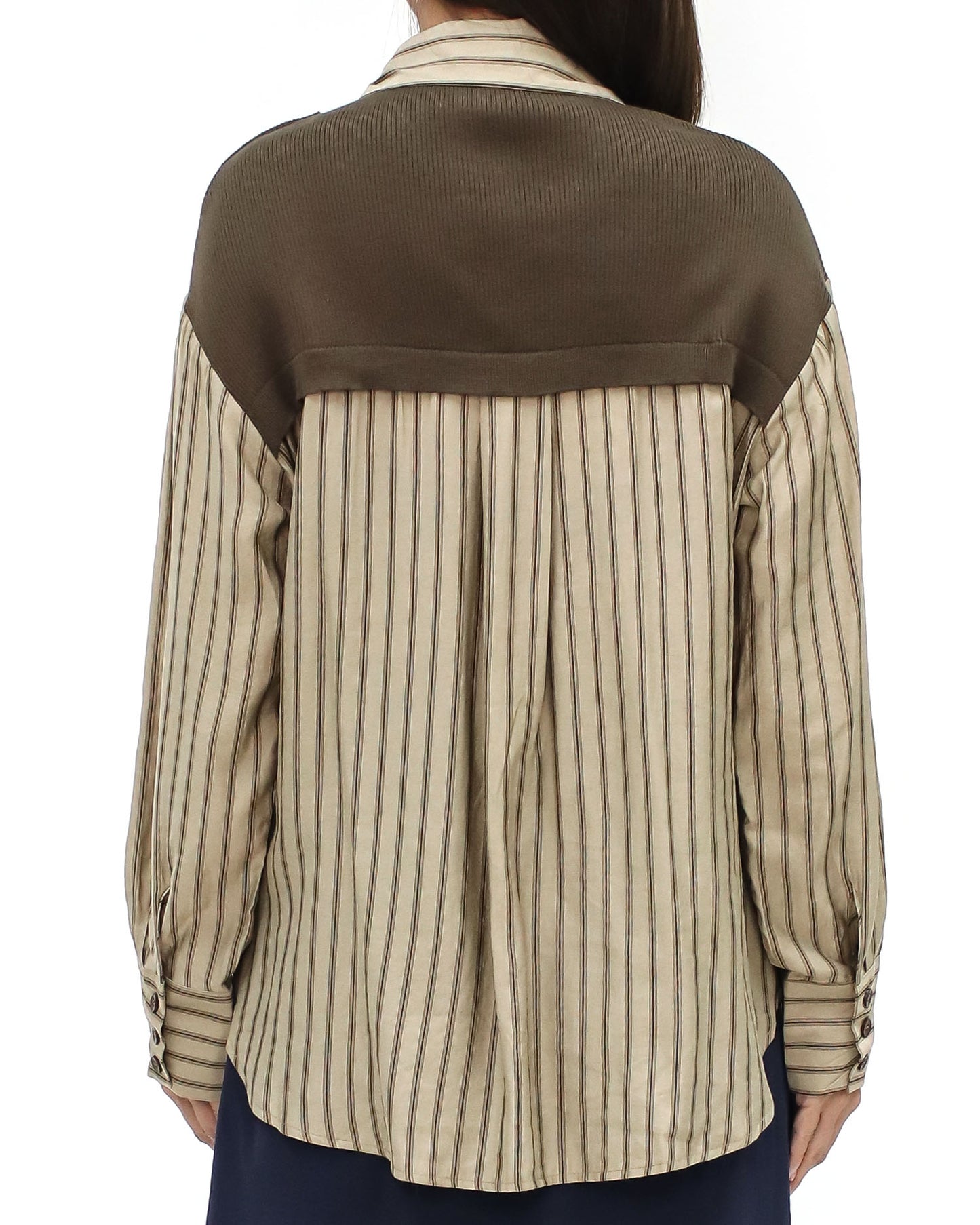 beige & brown stripes w/ knitted sleeves shirt top