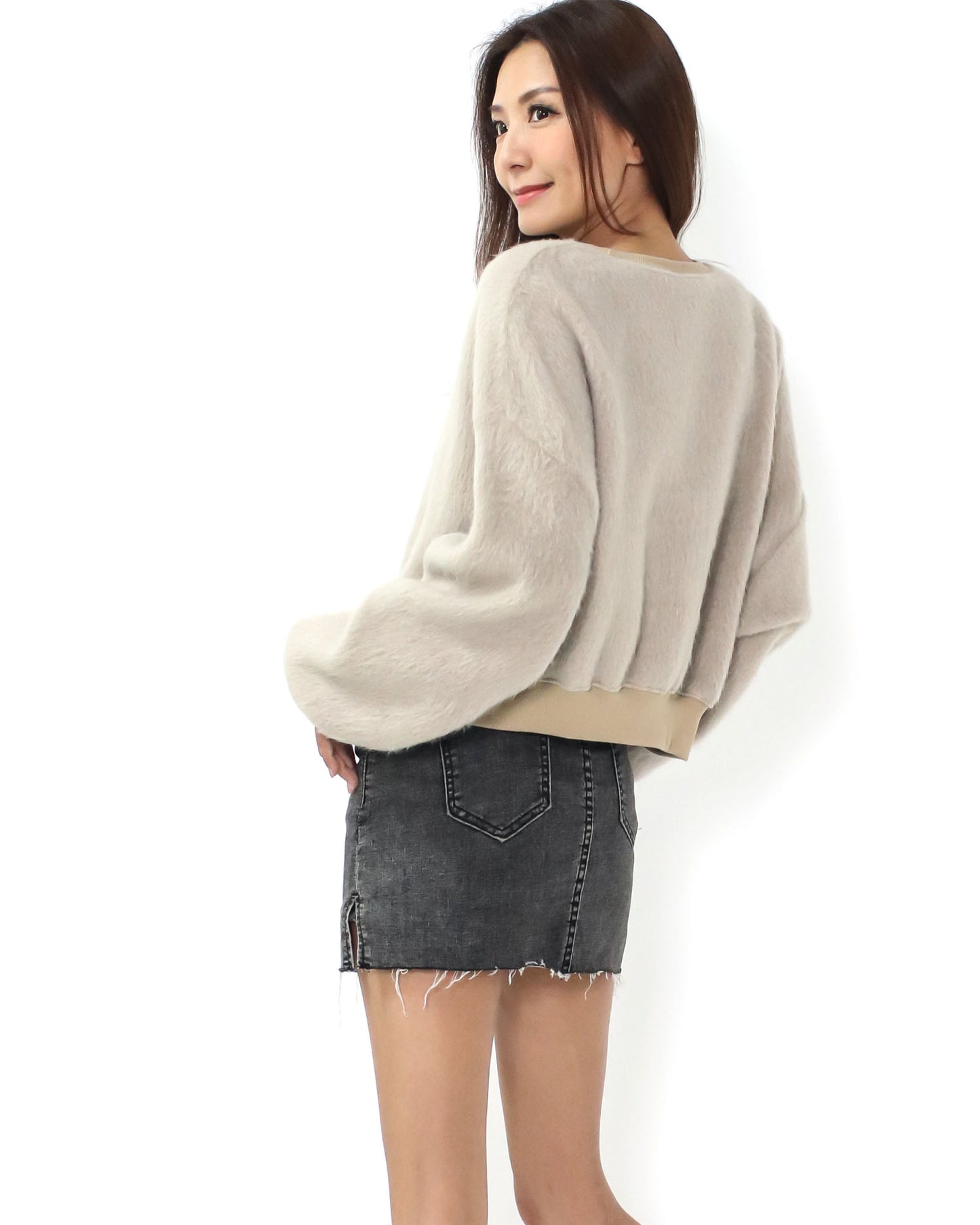 beige fluffy knitted sweatshirt