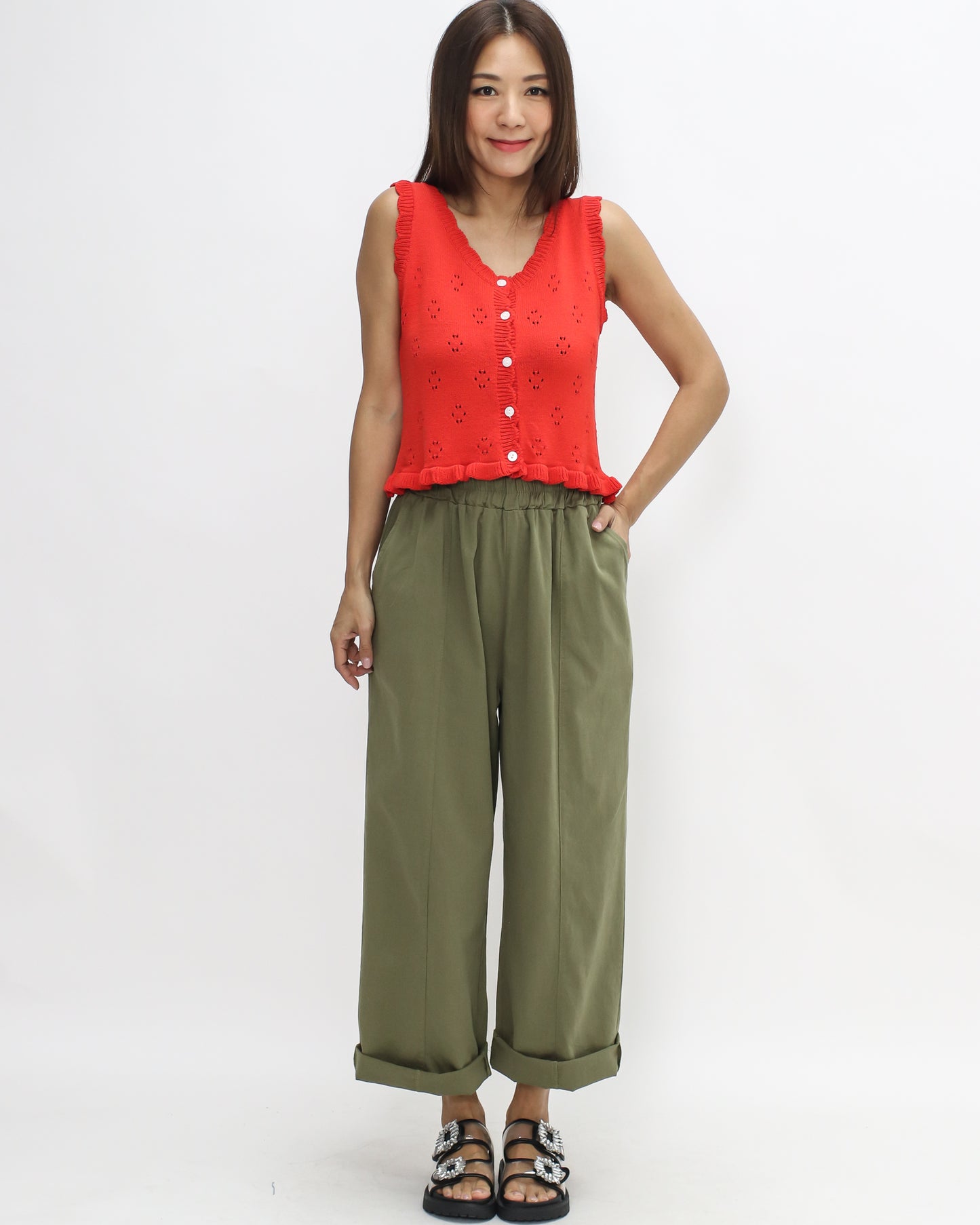 green casual straight leg pants