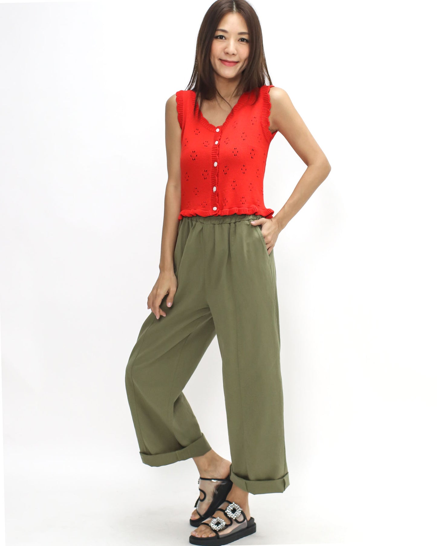 green casual straight leg pants