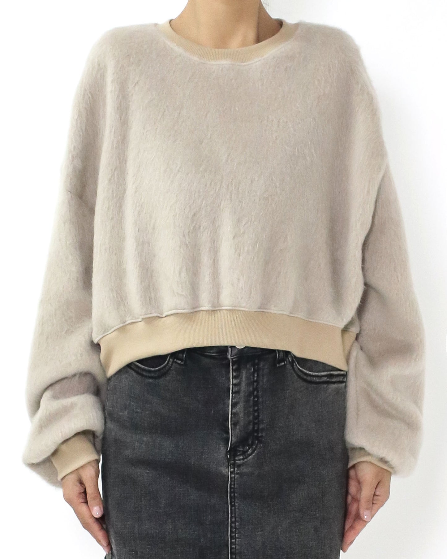 beige fluffy knitted sweatshirt