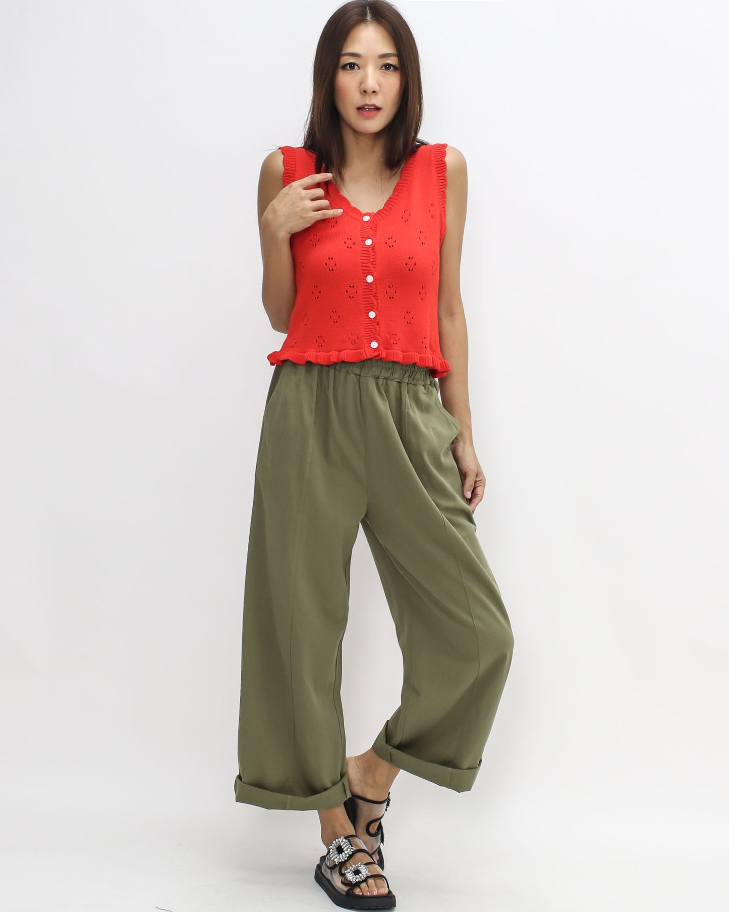 green casual straight leg pants