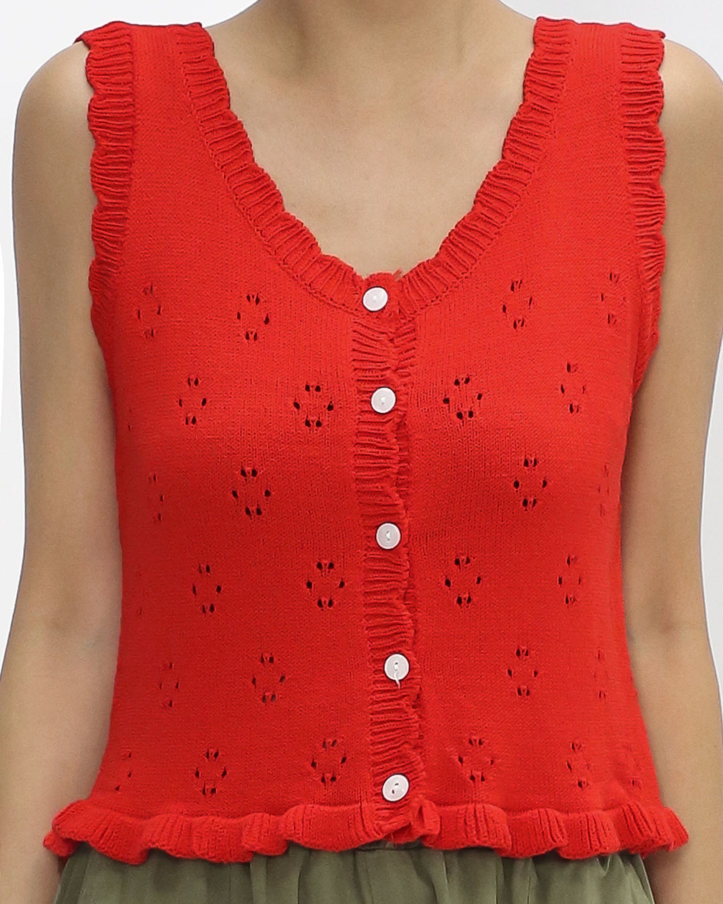 red ruffles hem button front knitted vest