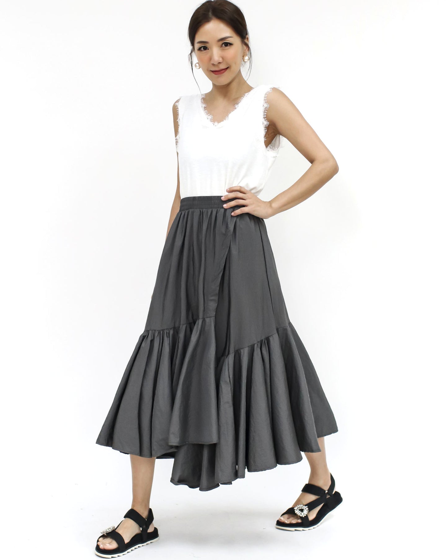 grey pleats tech midi skirt *pre-order*