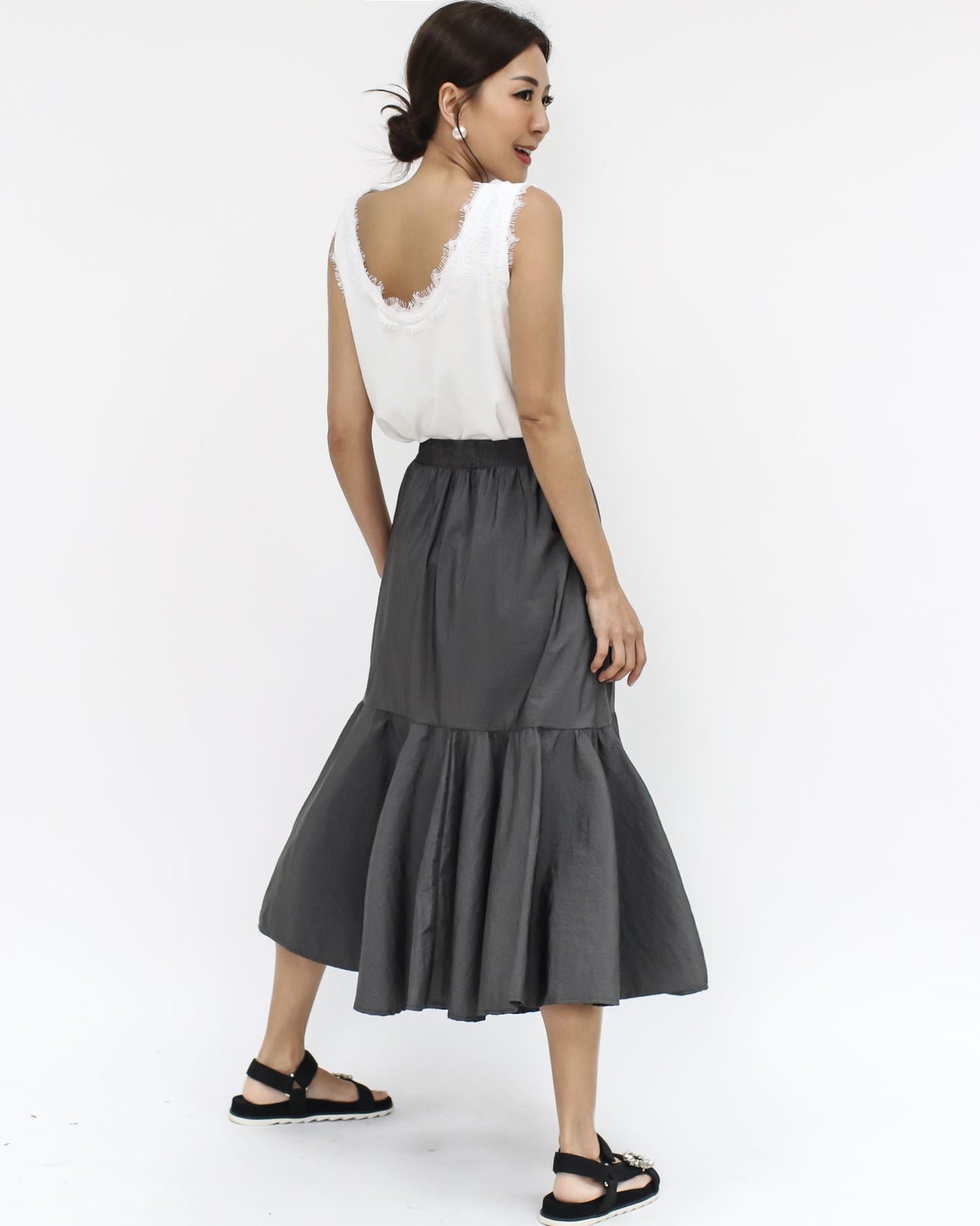 grey pleats tech midi skirt *pre-order*