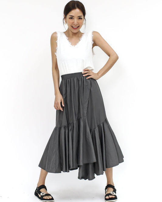 grey pleats tech midi skirt *pre-order*