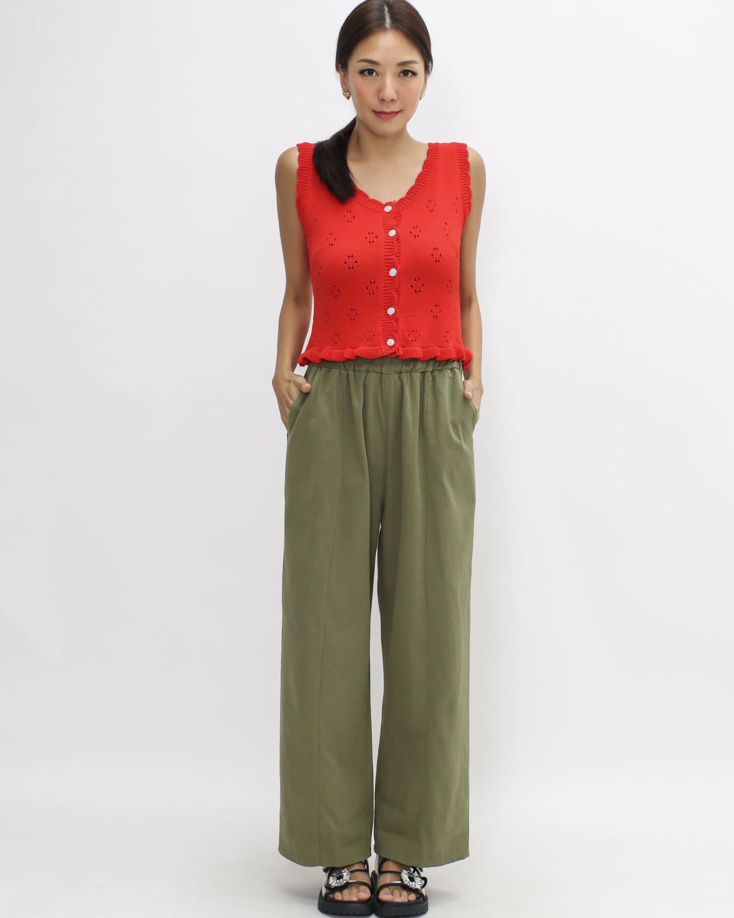 green casual straight leg pants