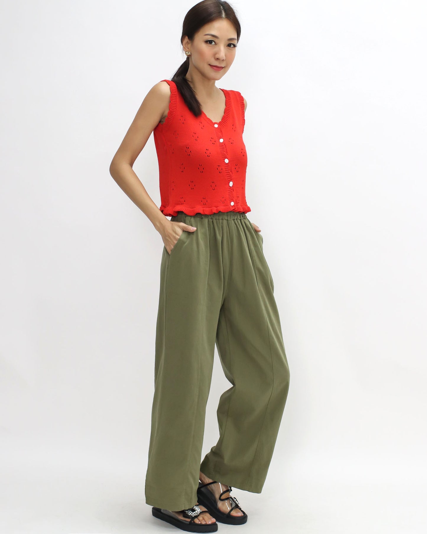 green casual straight leg pants