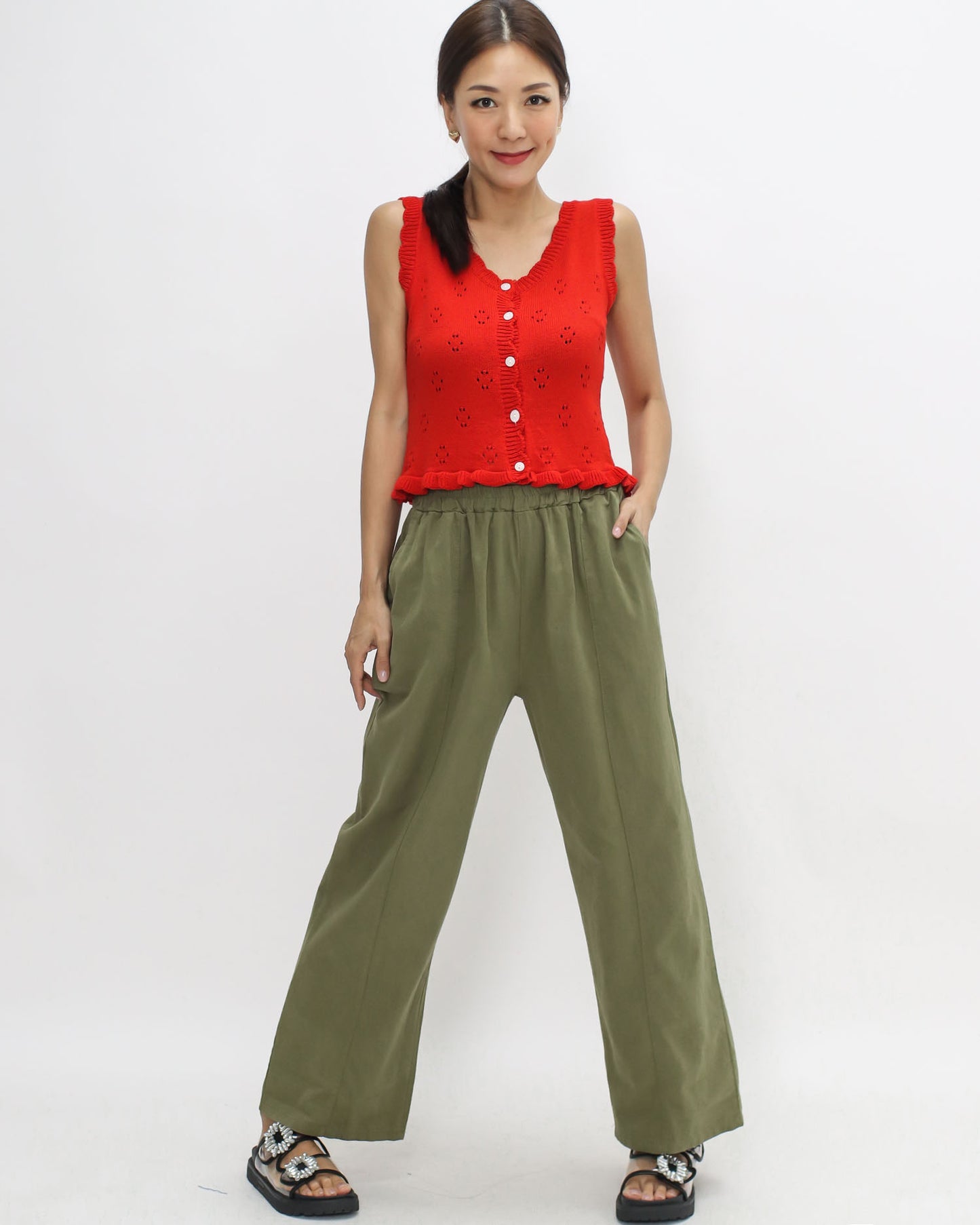 green casual straight leg pants