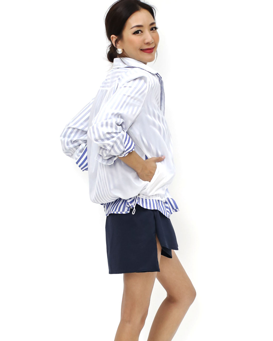 ivory tech & blue stripes shirt layer top *pre-order*