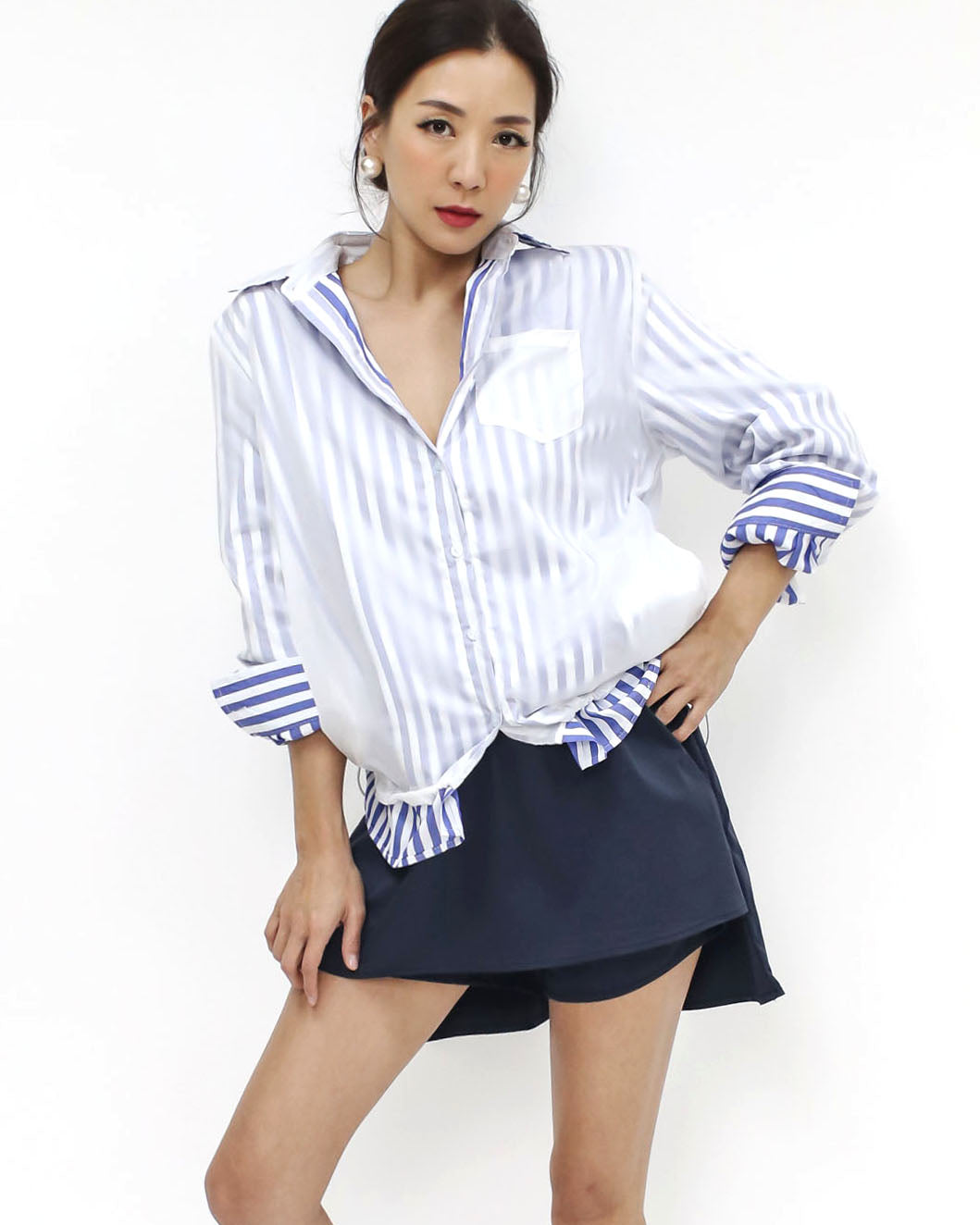 ivory tech & blue stripes shirt layer top *pre-order*