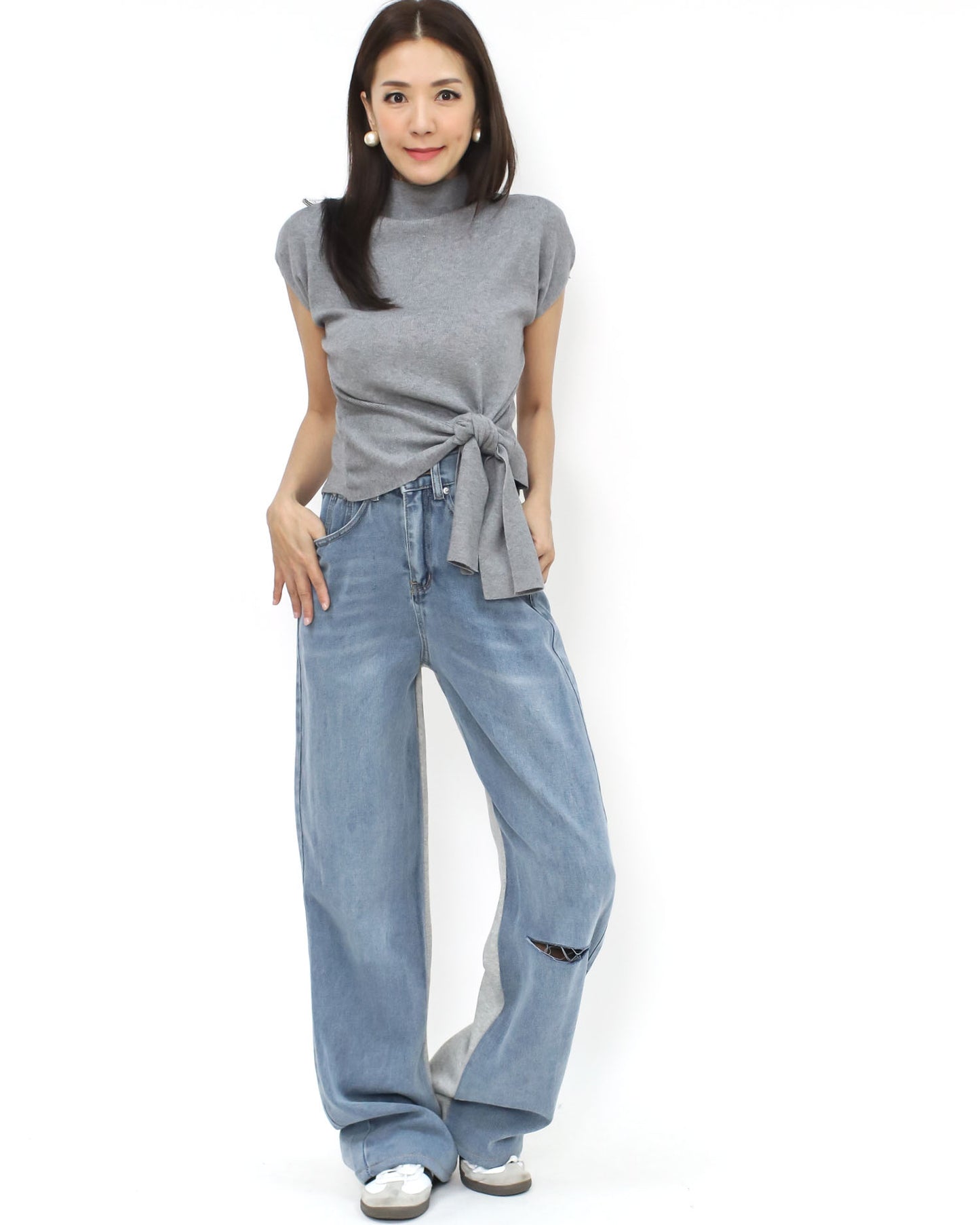 blue denim w/ sweat contrast straight leg pants *pre-order*