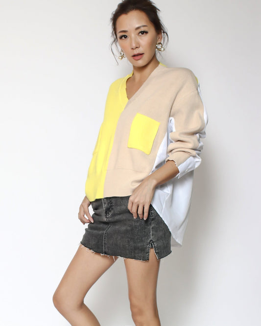 beige & yellow knitted with white shirt back contrast top *pre-order*