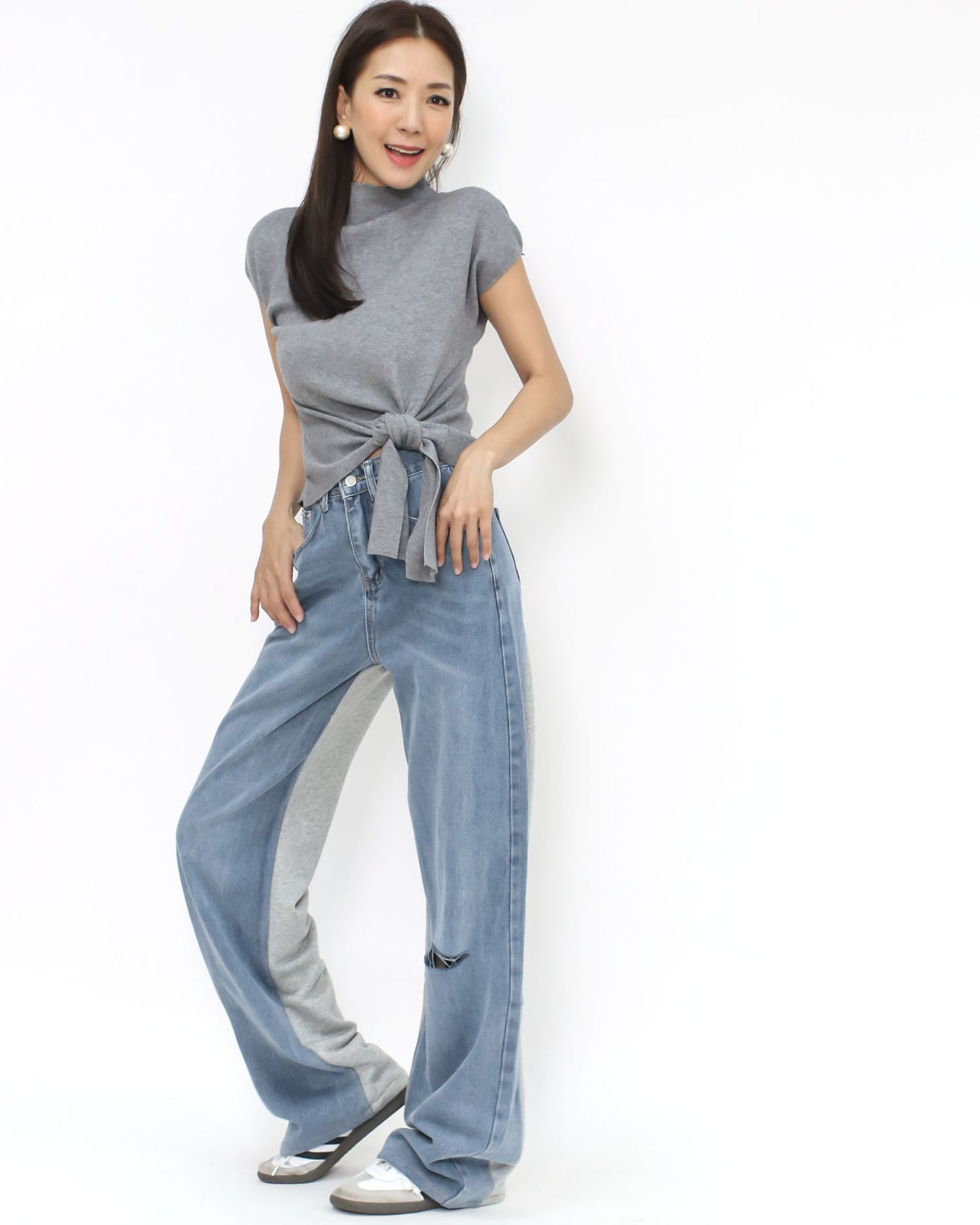 blue denim w/ sweat contrast straight leg pants *pre-order*