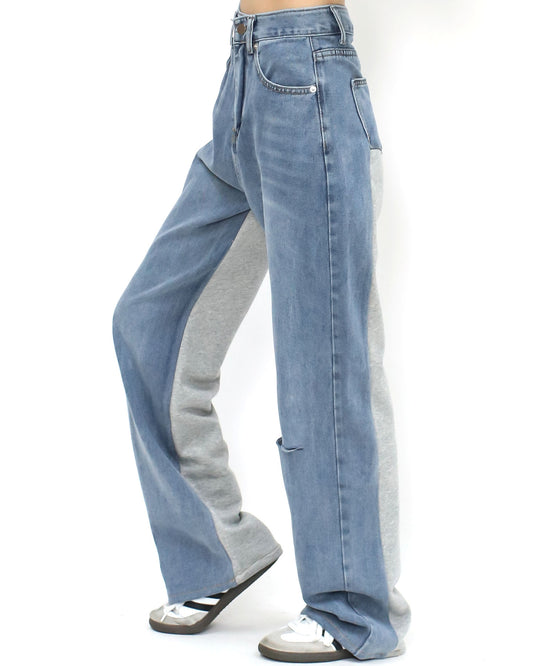 blue denim w/ sweat contrast straight leg pants *pre-order*