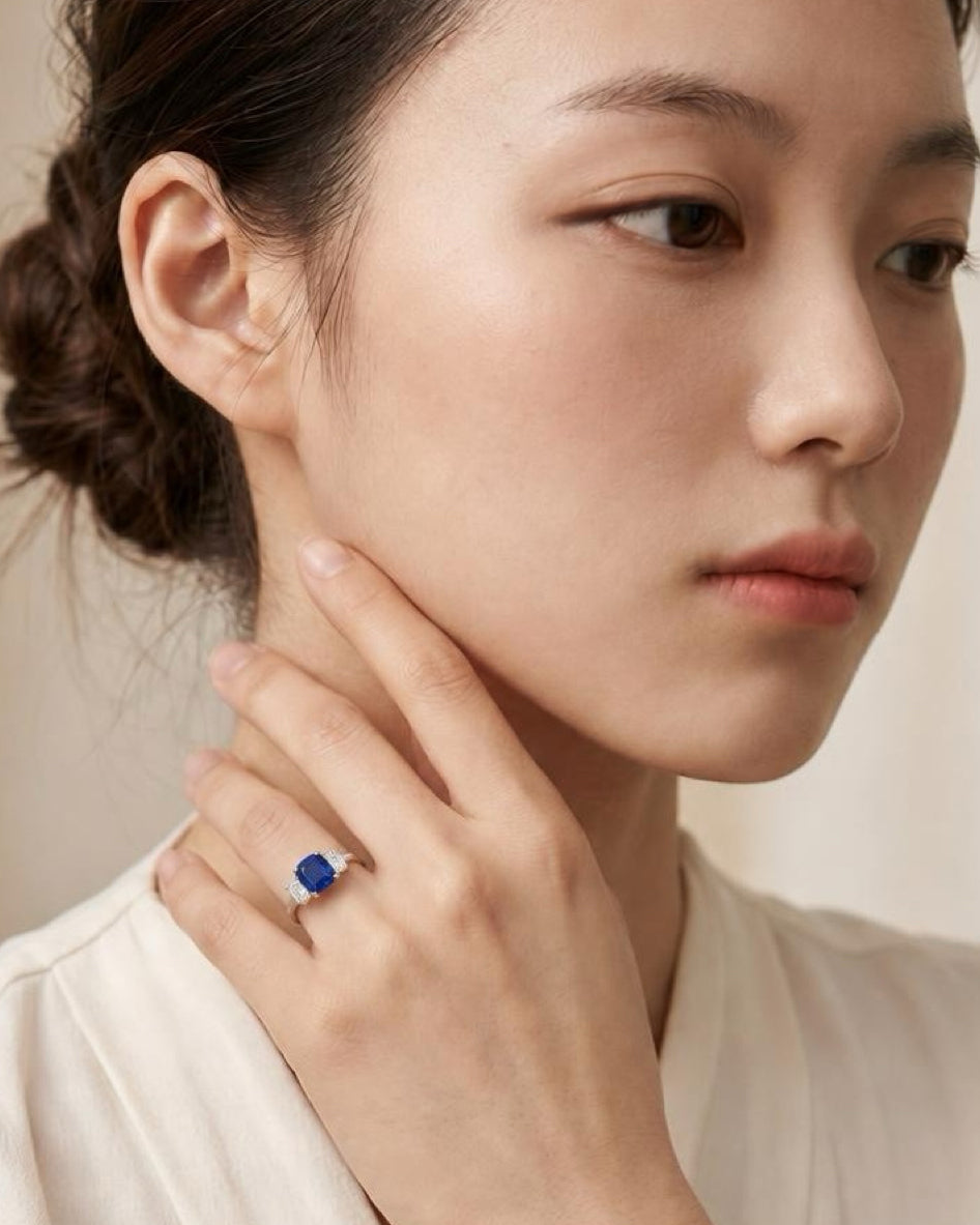 3.5ct royal blue cushion lab grown gemstone 9K ring
