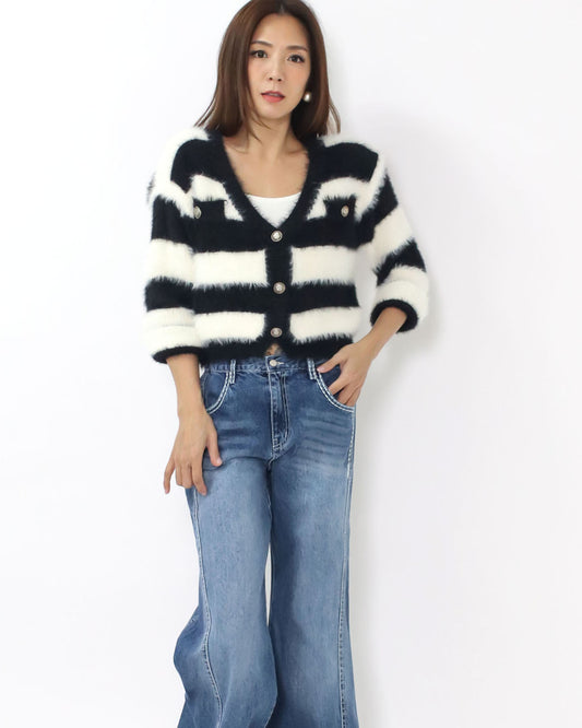 black & ivory stripes fluffy knitted cardigan