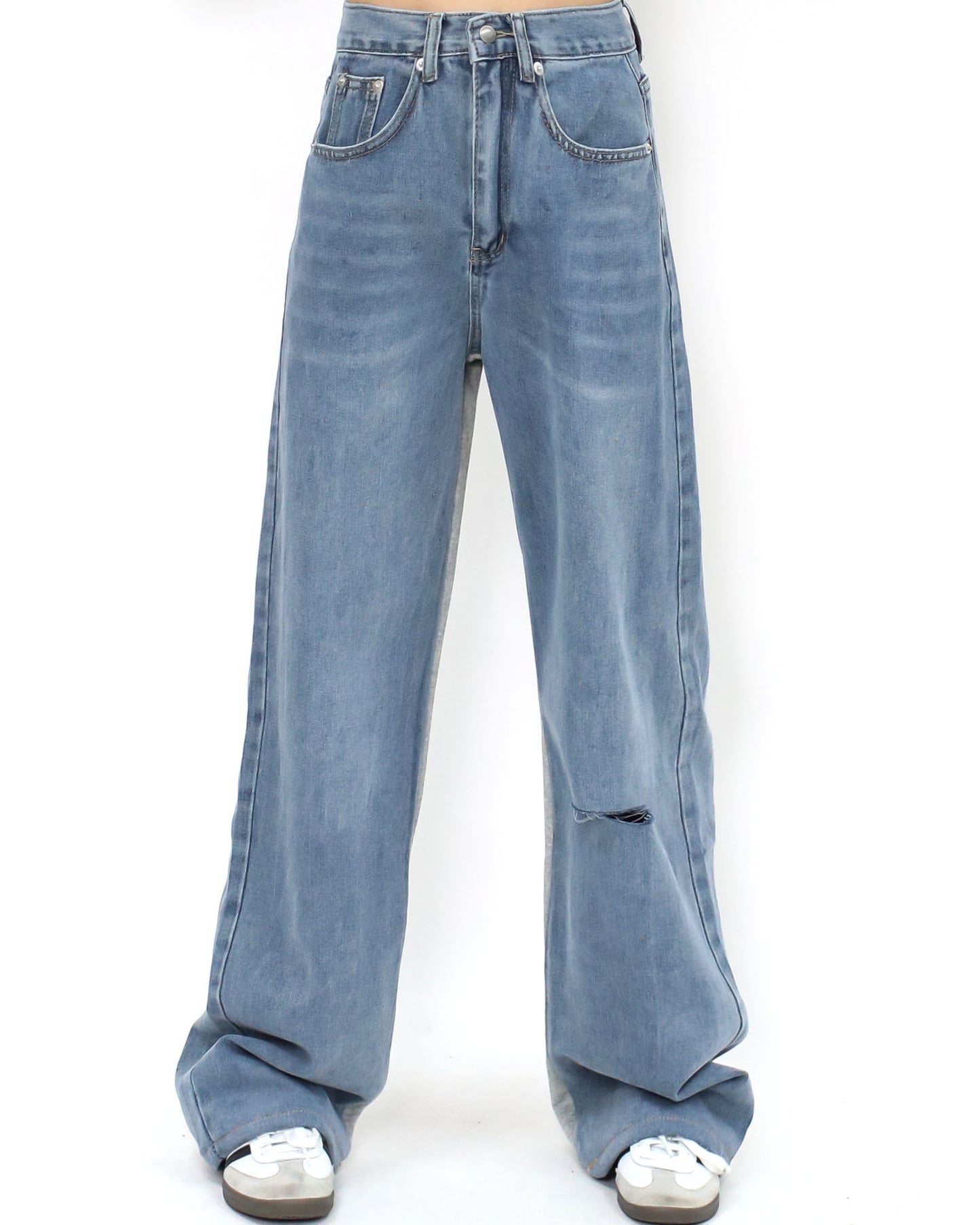 blue denim w/ sweat contrast straight leg pants *pre-order*