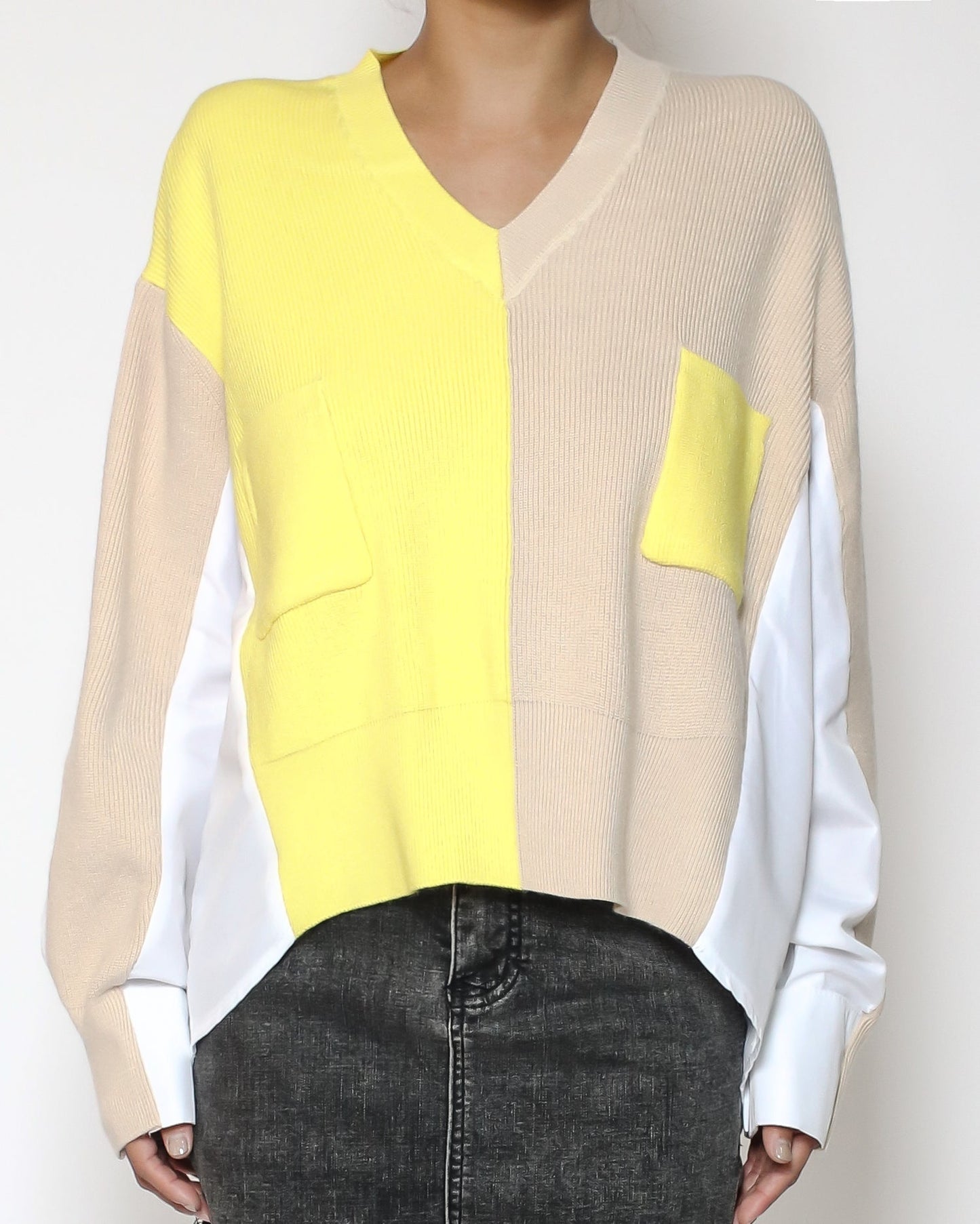 beige & yellow knitted with white shirt back contrast top *pre-orde*