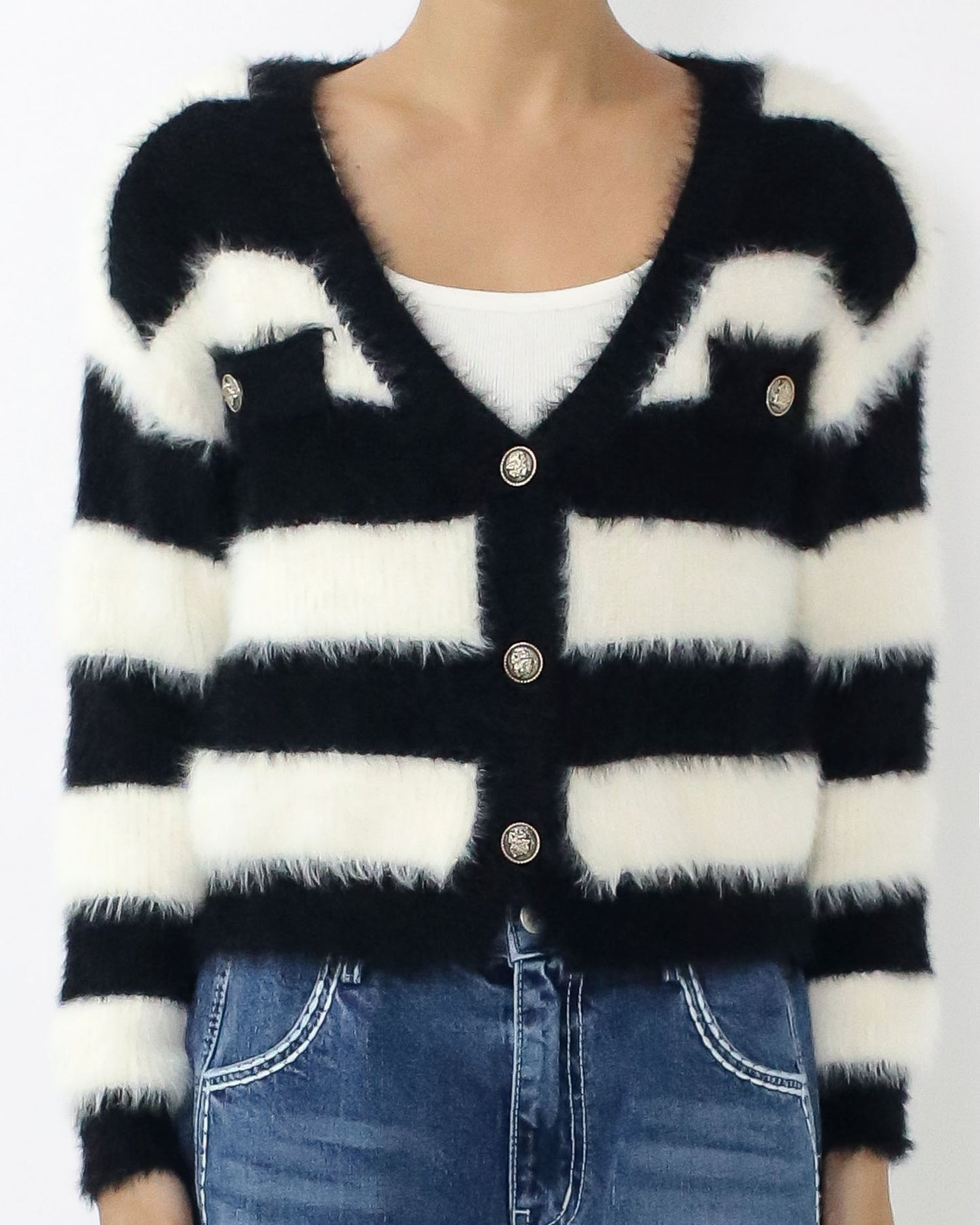 black & ivory stripes fluffy knitted cardigan