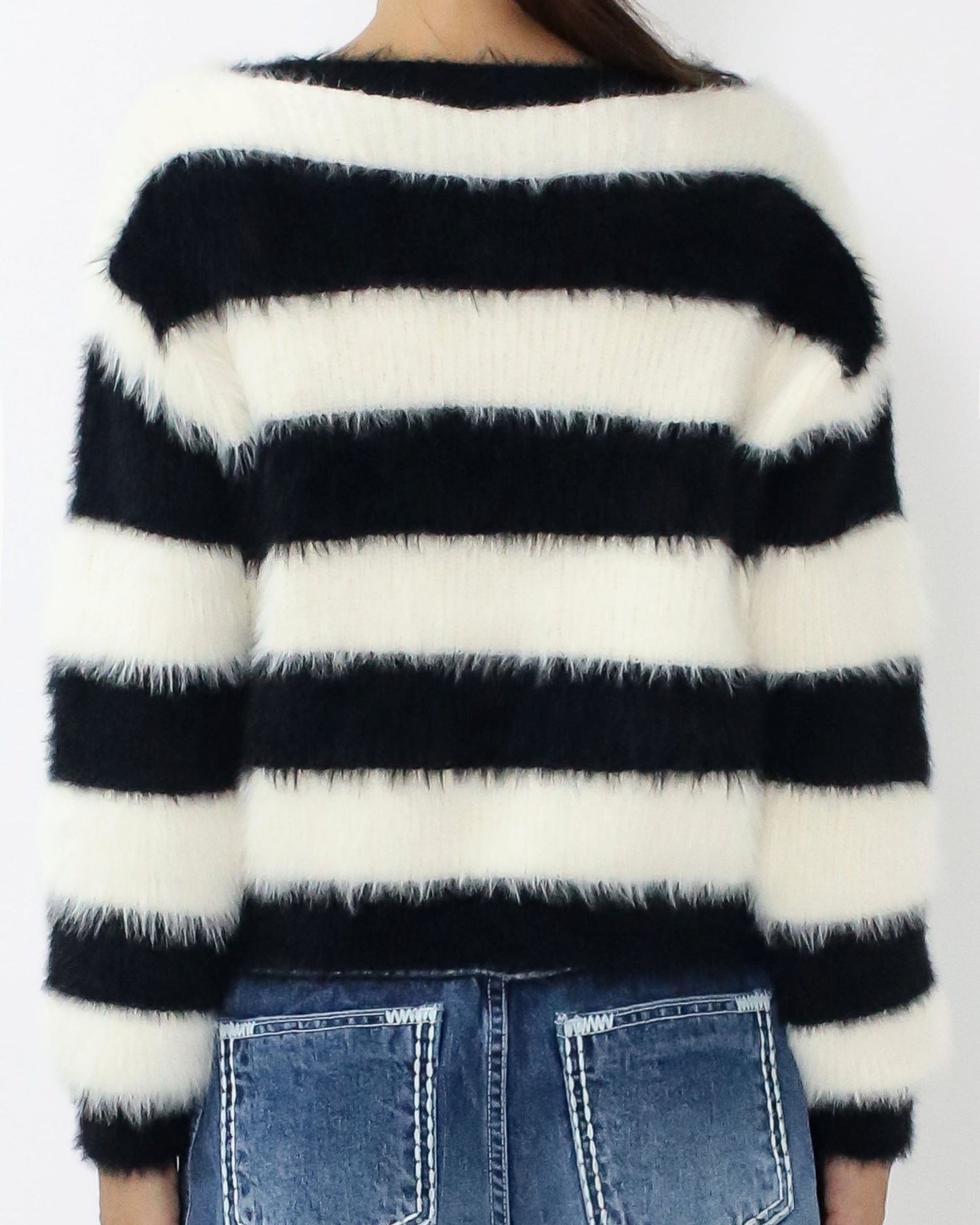 black & ivory stripes fluffy knitted cardigan