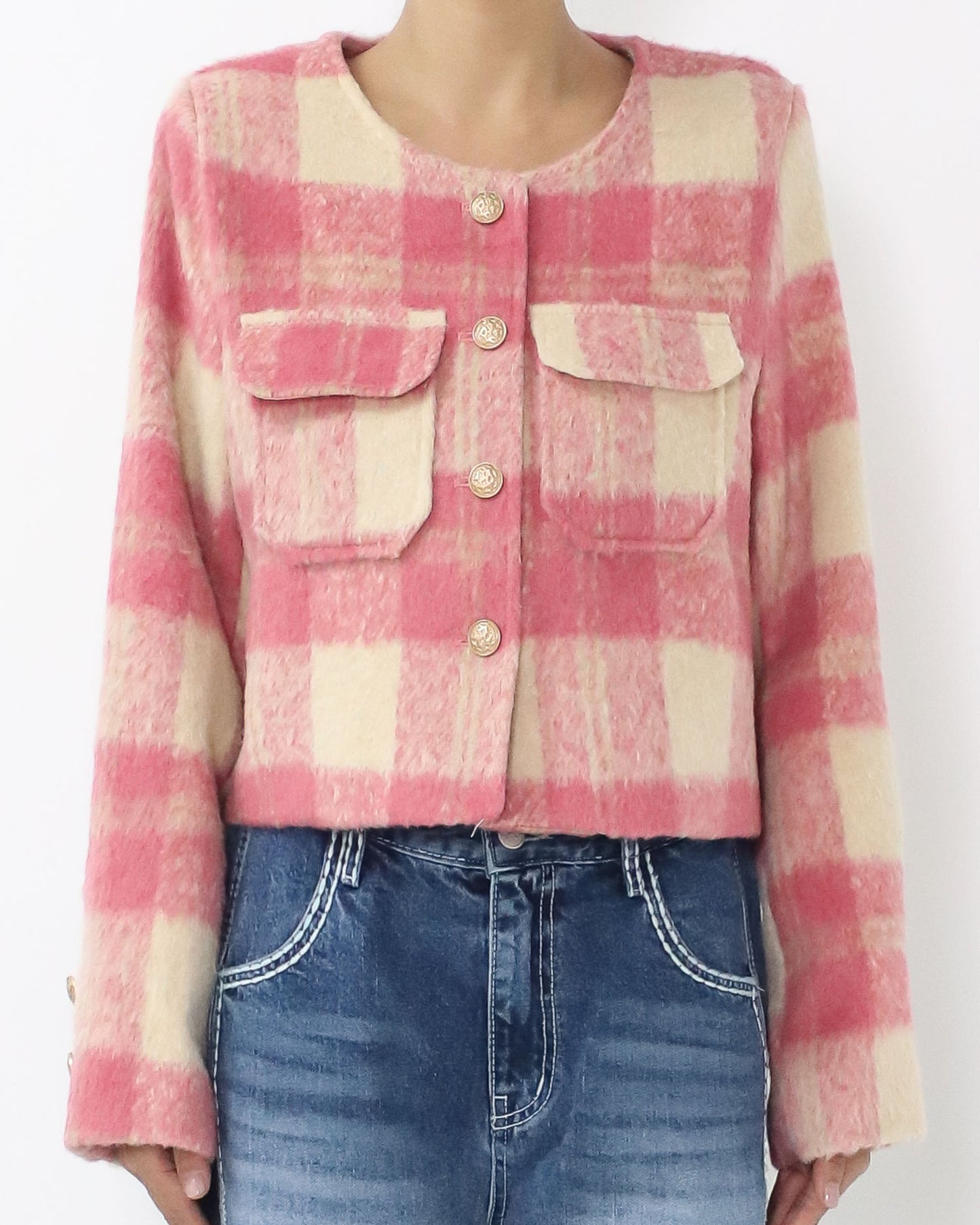 pink & ivory checkers wool blended jacket